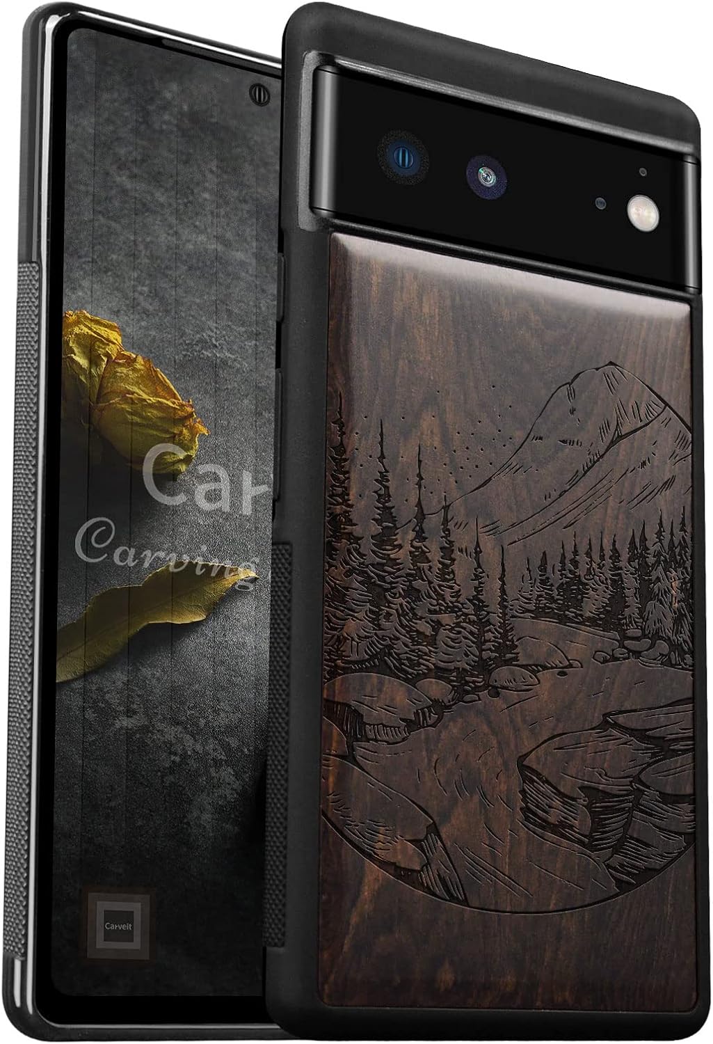 Carveit Wood Case for Pixel 6 - Natural Wood & Black Soft TPU - Shockproof Protective Cover - Unique Wooden Case - Compatible with Google Pixel 6