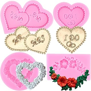 ZiXiang Heart Fondant Molds MR MRS I DO Silicone Mold Rose Flower Wreath Chocolate Candy Molds For Wedding Cake Decorating Cupcake Topper Polymer Clay Gum Paste Set Of 4