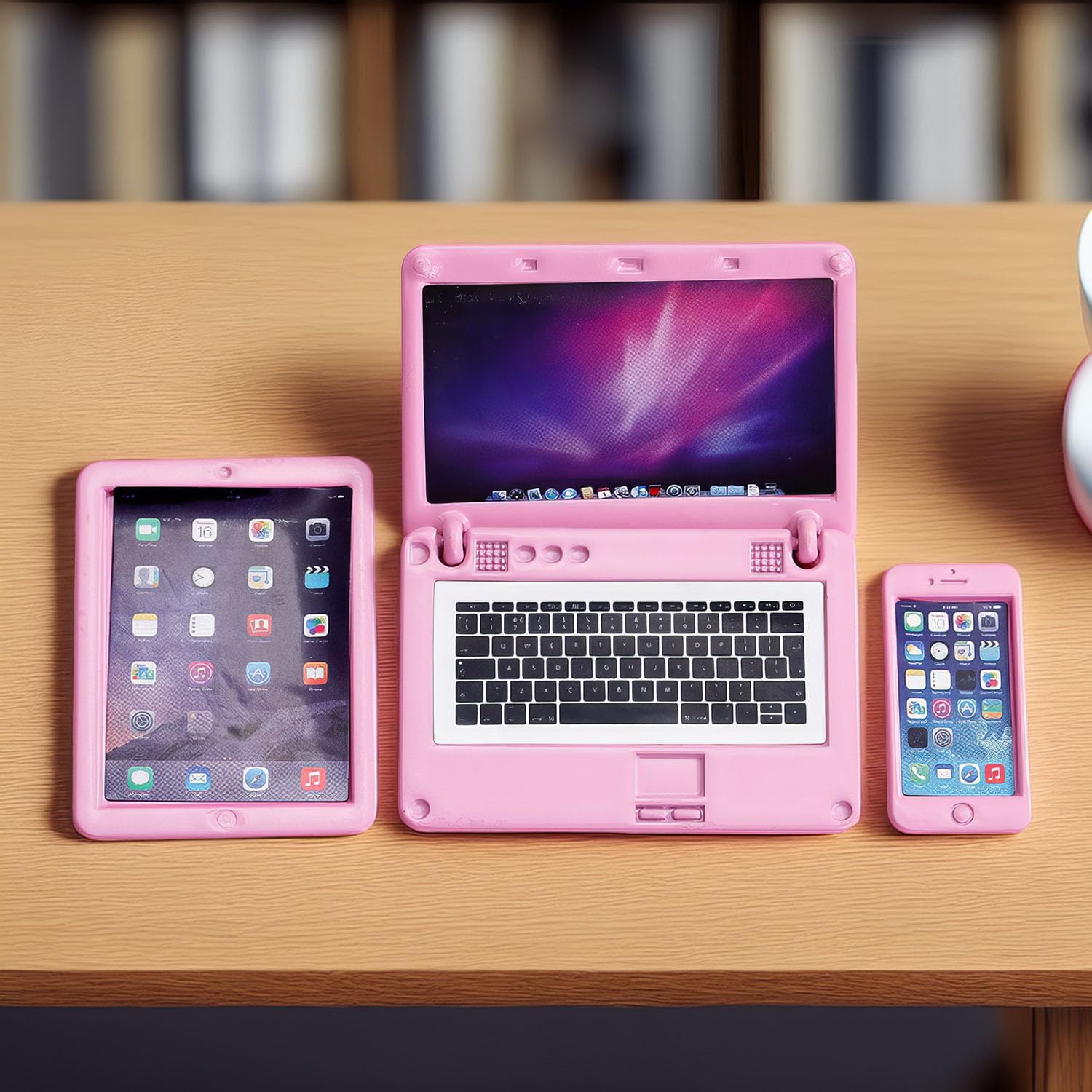 Modern Miniature Tech Set (Laptop, Tablet, Phone) 1:12 Scale, Alloy Construction, Realistic Screens, Dollhouse Decor for Contemporary Scenes (Pink)