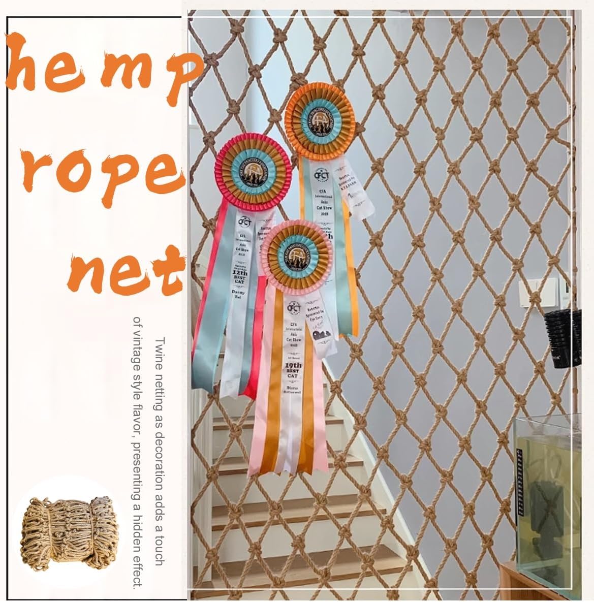Safety Anti-Fall Net for Children Pet, Hemp Rope Netting for Balcony Railing,Stair Protection,Playground,Plant Climbing, Vintage Decoration(1Mx3M)