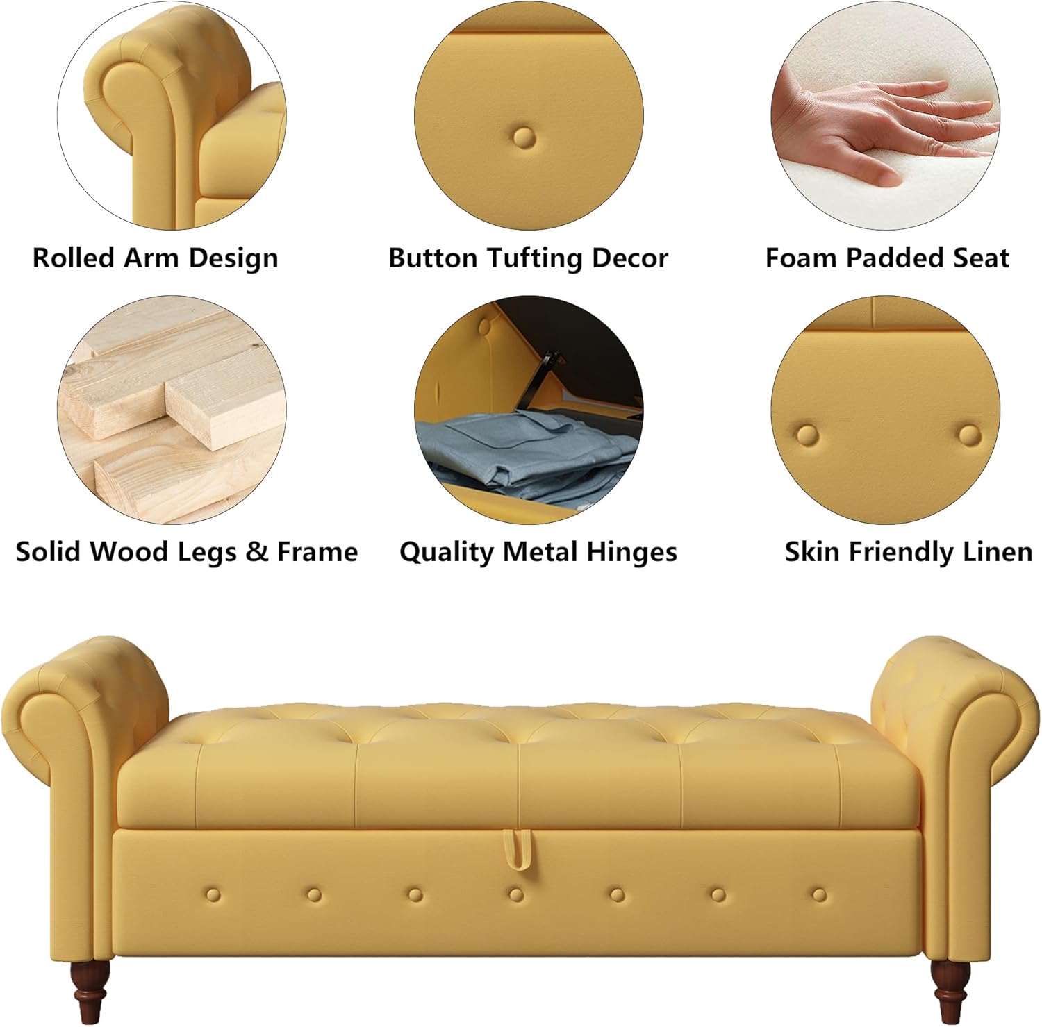 Aoowow Rolled Arm Storage Benches for Bedroom End of Bed Ottoman Bench 63" Long Bench with Storage and Seating for Living Room,Entryway,Window,Button Tufted with Solid Wood Legs (Linen Yellow)