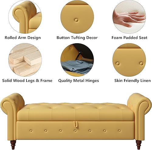 Miniatura 84 de Aoowow Banco de almacenamiento de 63 pulgadas para dormitorio, extremo de la cama, sofá otomano enrollado de tela de terciopelo armado, banco largo