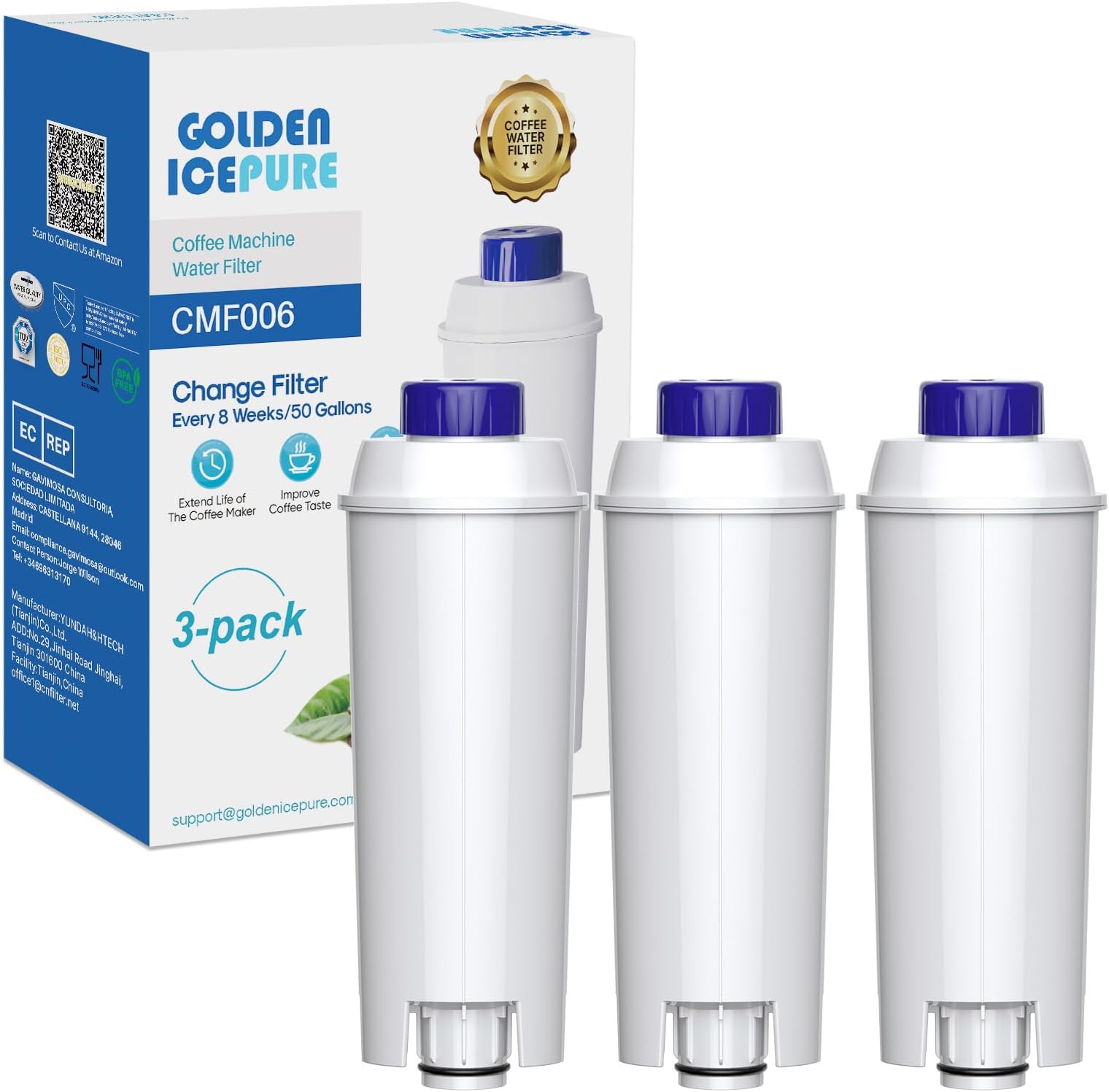 Coffee Machines Water Filter Compatible with De'Longhi DLSC002, SER3017 & 5513292811,De Longhi,ECAM, Esam, ETAM, BCO, EC-Series,3 Pieces