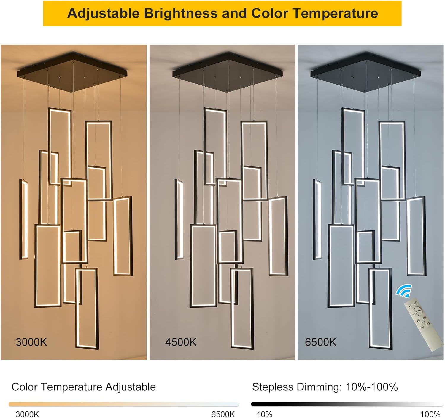 GEADI Modern Foyer Chandelier for High Ceilings,10 Rectangle Dimmable Led High Ceiling Chandelier with Remote Control,Black Large Staircase Pendant Light Fixture for Entryway（3000-6500K）