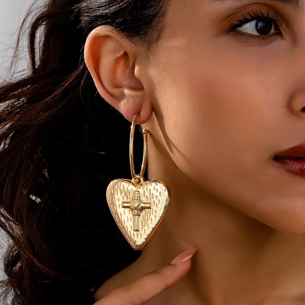 Vintage Heart Earrings for Women Gold Chunky Heart Cross Drop Dangle Earrings Hypoallergenic Fashion Statement Earrings Christmas Birthday Party Wedding Jewelry - Image 2