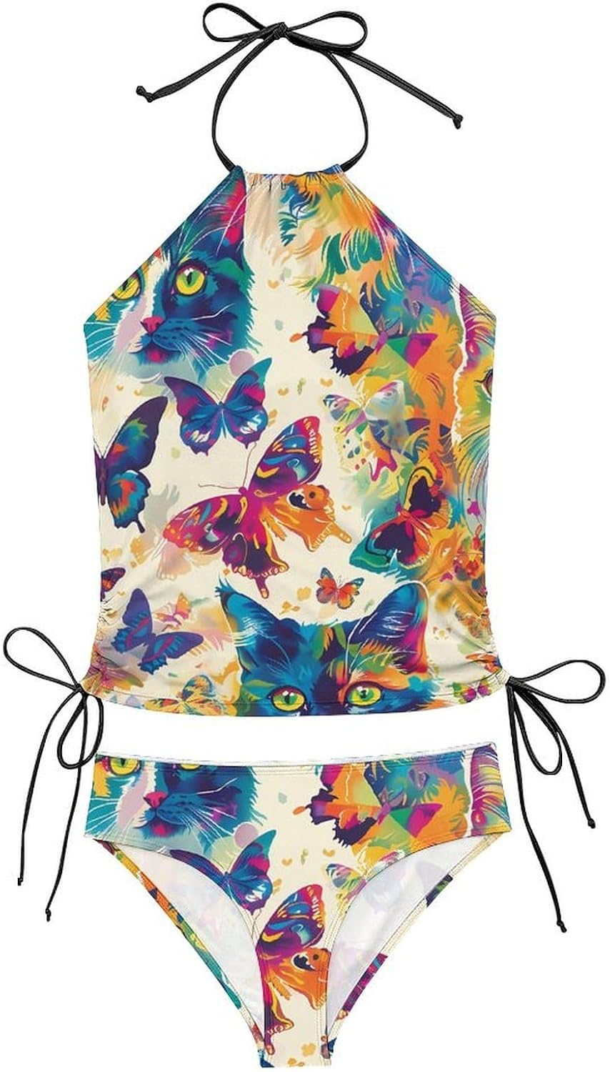 Colorful Cats Butterflies Watercolor Funny Women's String Swimwear Set 2 Pcs Tankini Swimsuits Bathing Suit