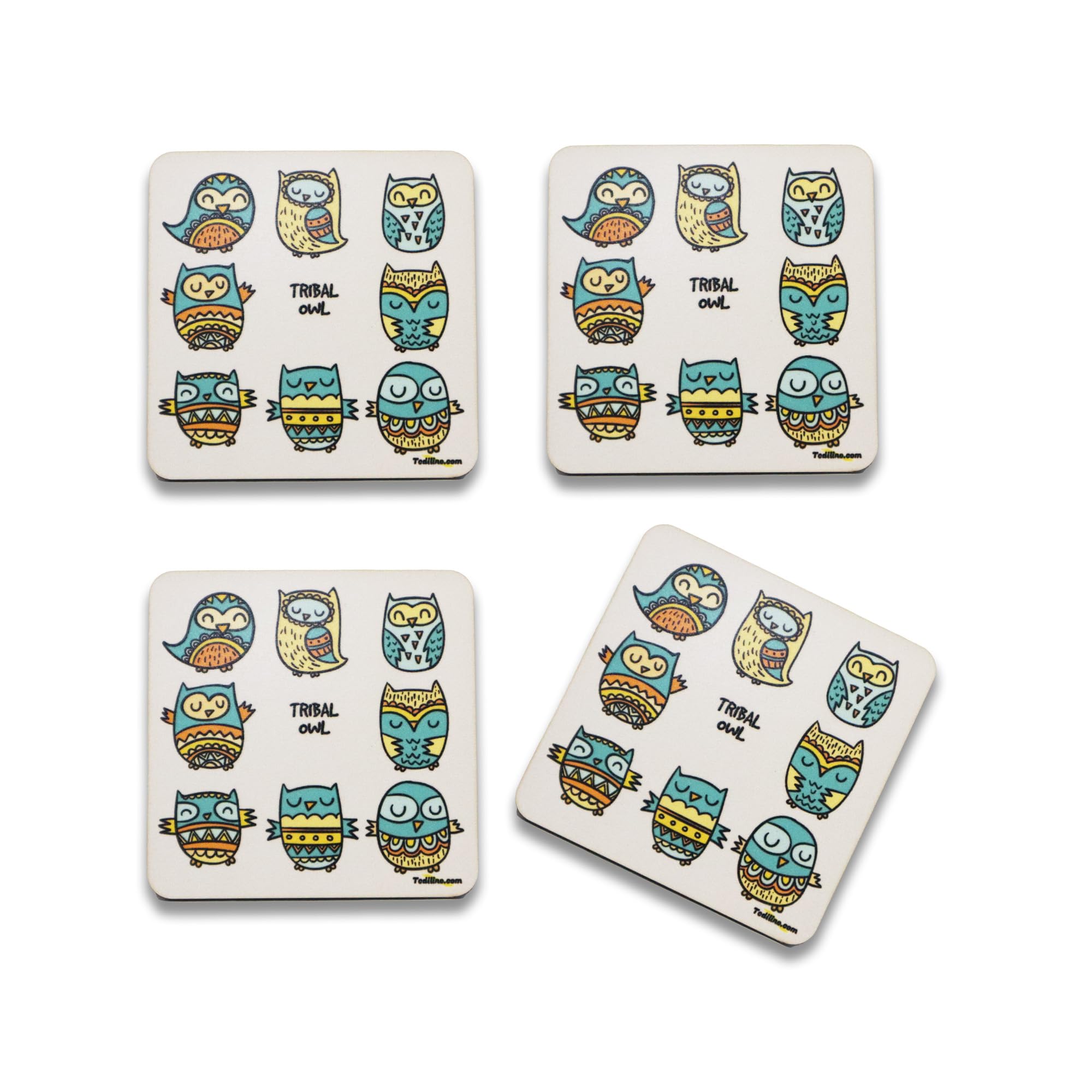 Tediline Coaster Printed White Tribal Owl Design, Set of 4 – Stylish Coffee & Tea Coasters for Cups, Drinks, and Table Use