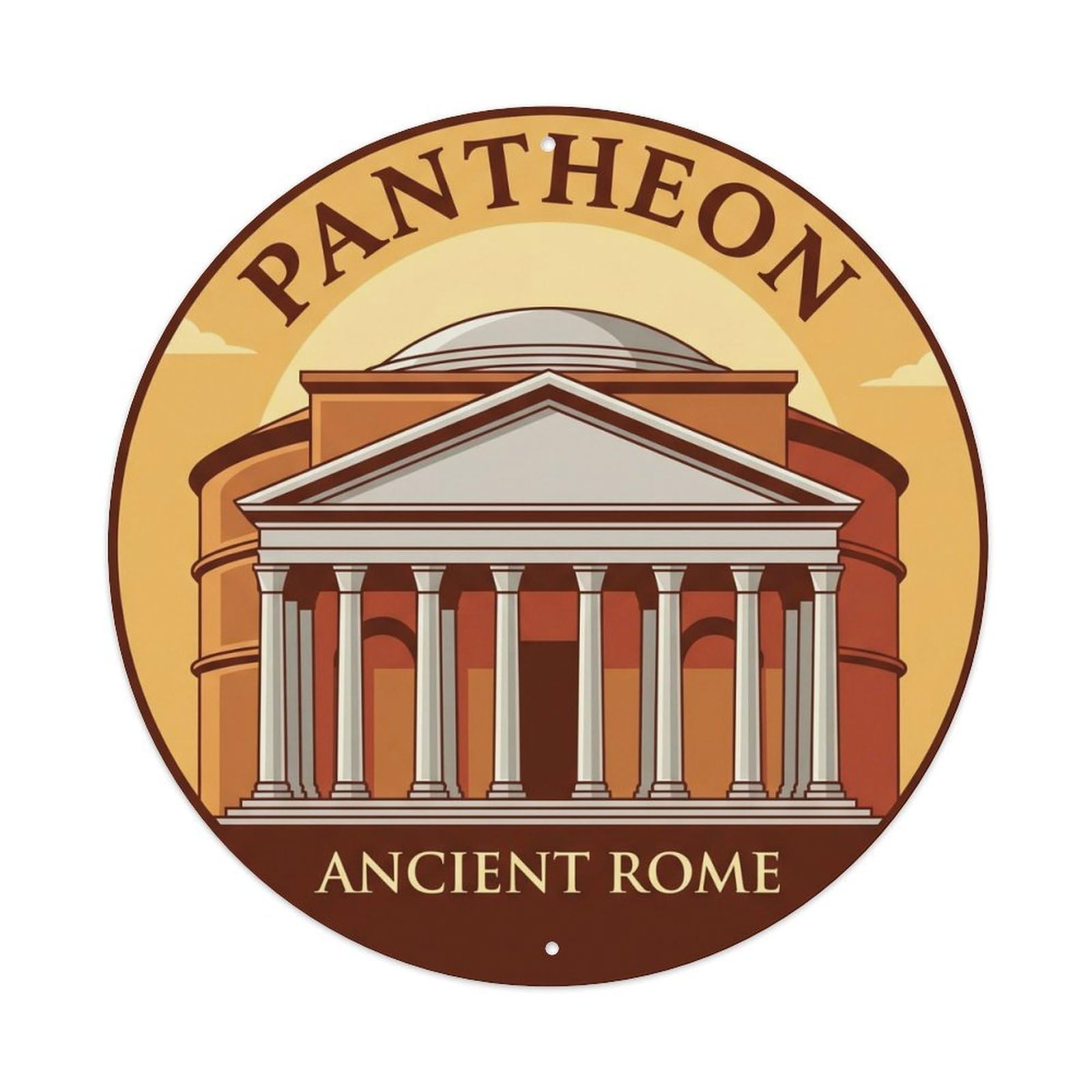 Vintage Travel Pantheon Rome Temple 1 Metal Tin Sign Plaque Wall Decor for Cafe, Club, Garden Round Metal Poster 8x8Inch
