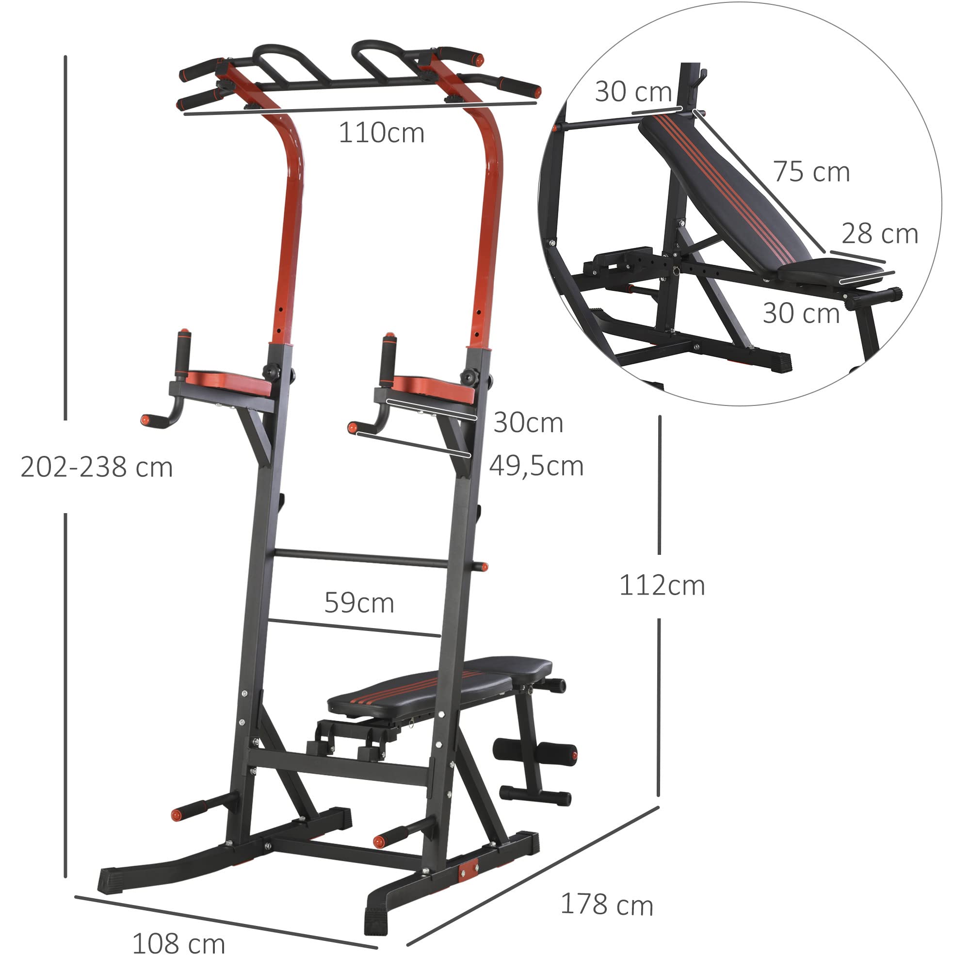 HOMCOM Estación de Musculación Aparatos de Gimnasia para Casa con Altura Ajustable y Respaldo Regulable en 5 Posiciones para Fitness Entrenamiento en Gimnasio Oficina Acero 108x178x202-238 cm Negro