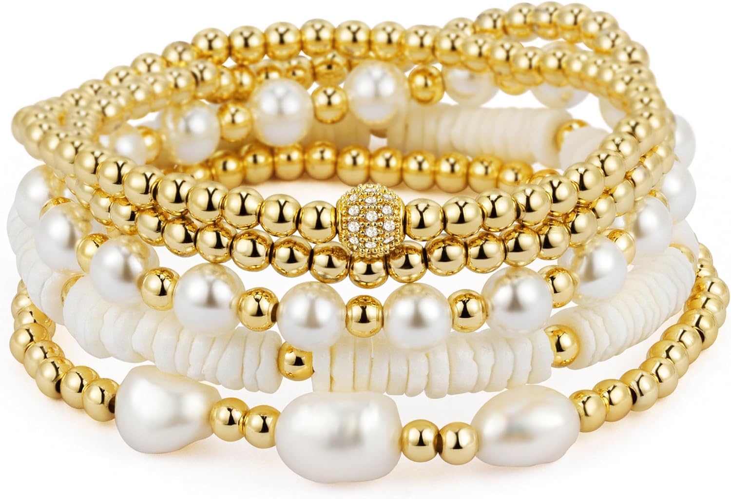 jollone Gold Bracelets for Women Gold Bracelet Stack Pearl Beaded Bracelets for Women 14K Gold Plated Stretch Bead Ball Bracelet Sets Jewelry for Mother's Day Birthday Gifts