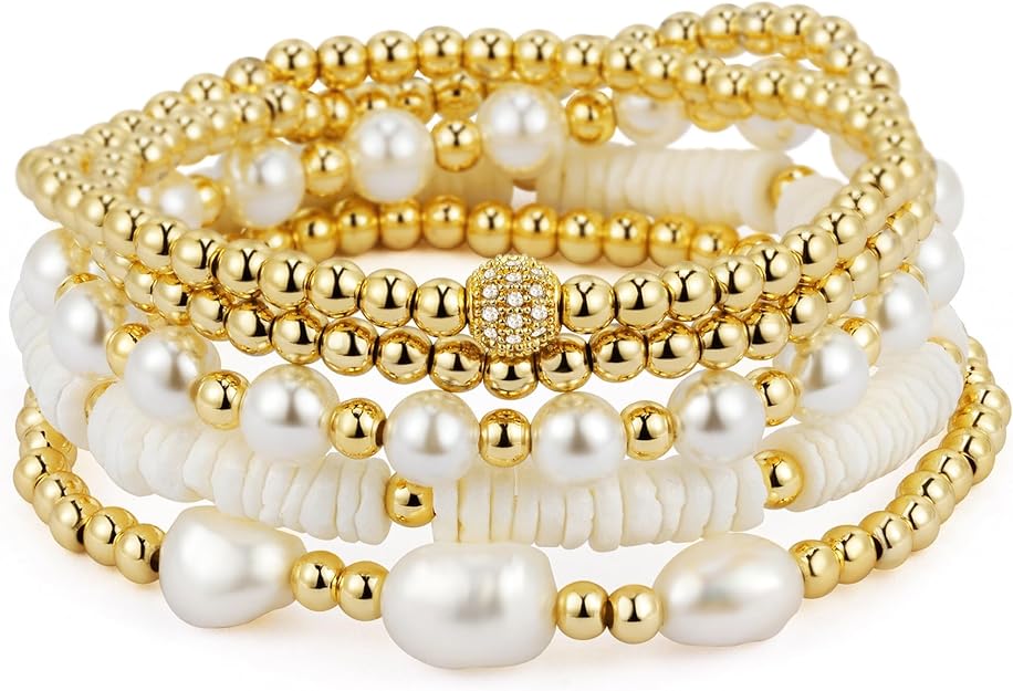 jollone Gold Bracelets for Women Gold Bracelet Stack Pearl Beaded Bracelets for Women 14K Gold Plated Stretch Bead Ball Bracelet Sets Jewelry for Mother&#39;s Day Birthday Gifts
