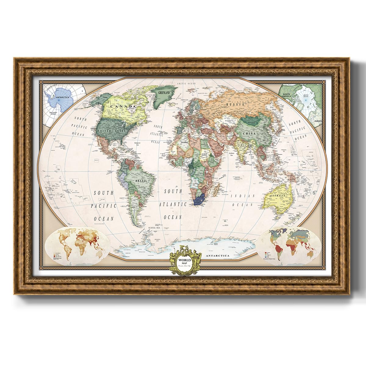 Renditions Gallery Colorful World Map Canvas Wall Art with Bronze Frame Wall Hanging Travel Map with Push Pins for Home, Office, Classroom