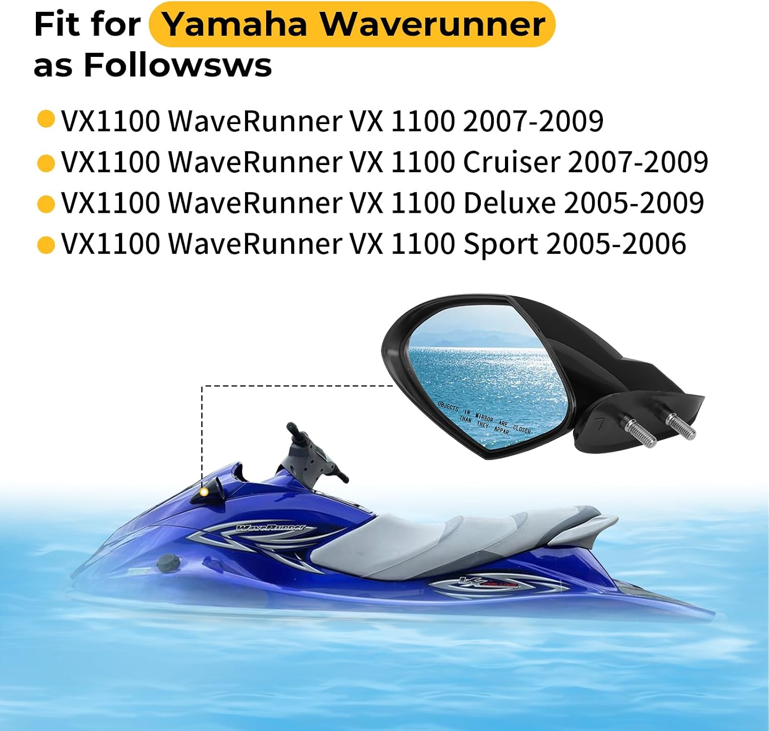 M MATI F1S-U596B-10-00 Left Side Mirror for Yamaha Waverunner VX1100 VX 1100 Cruiser Deluxe Sport 2005-2009