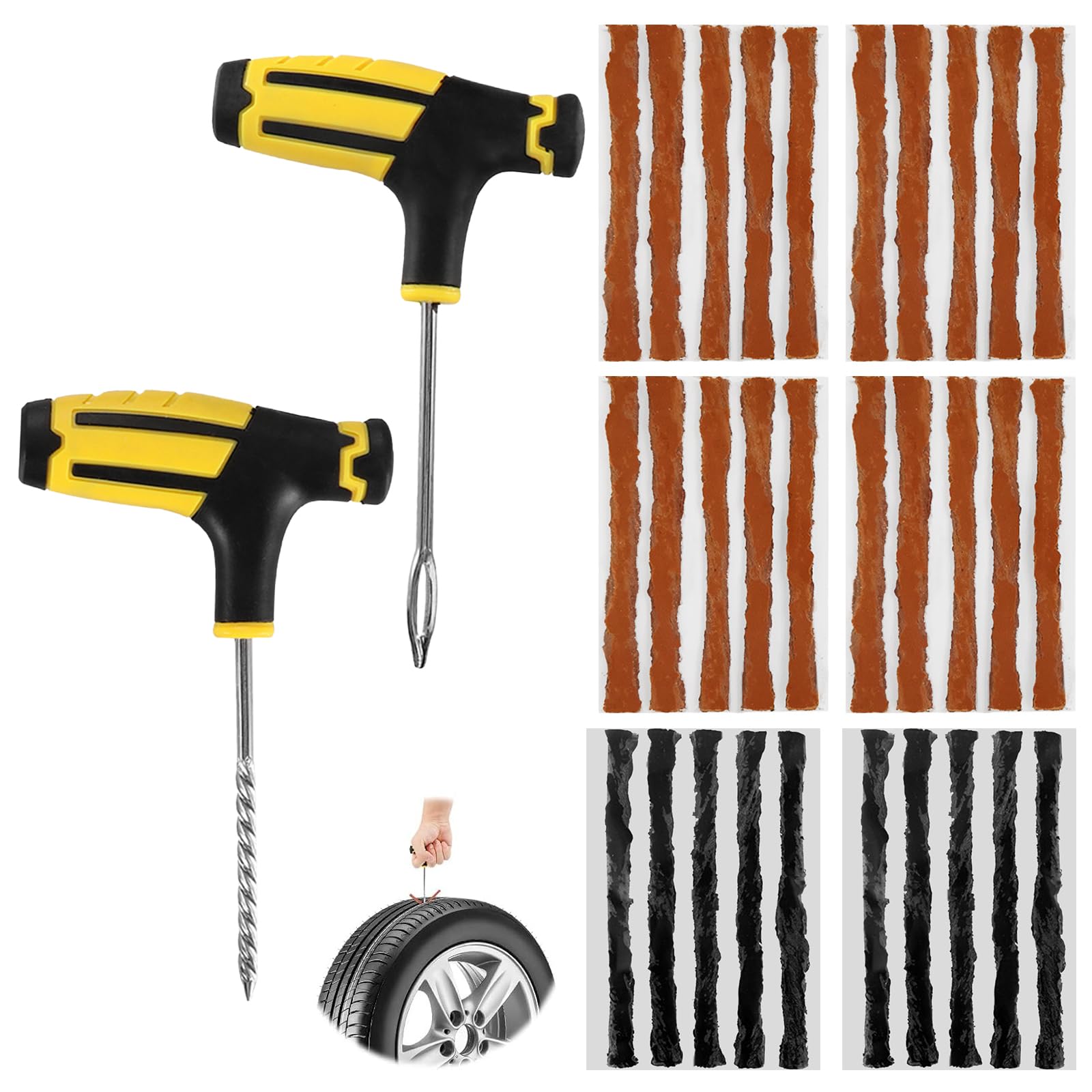 Set di riparazione pneumatici auto, tubeless con 30 strisce di riparazione per pneumatici, 20 strisce marroni e 10 nere e 2 strumenti con impugnatura a T per auto, moto e bicicletta