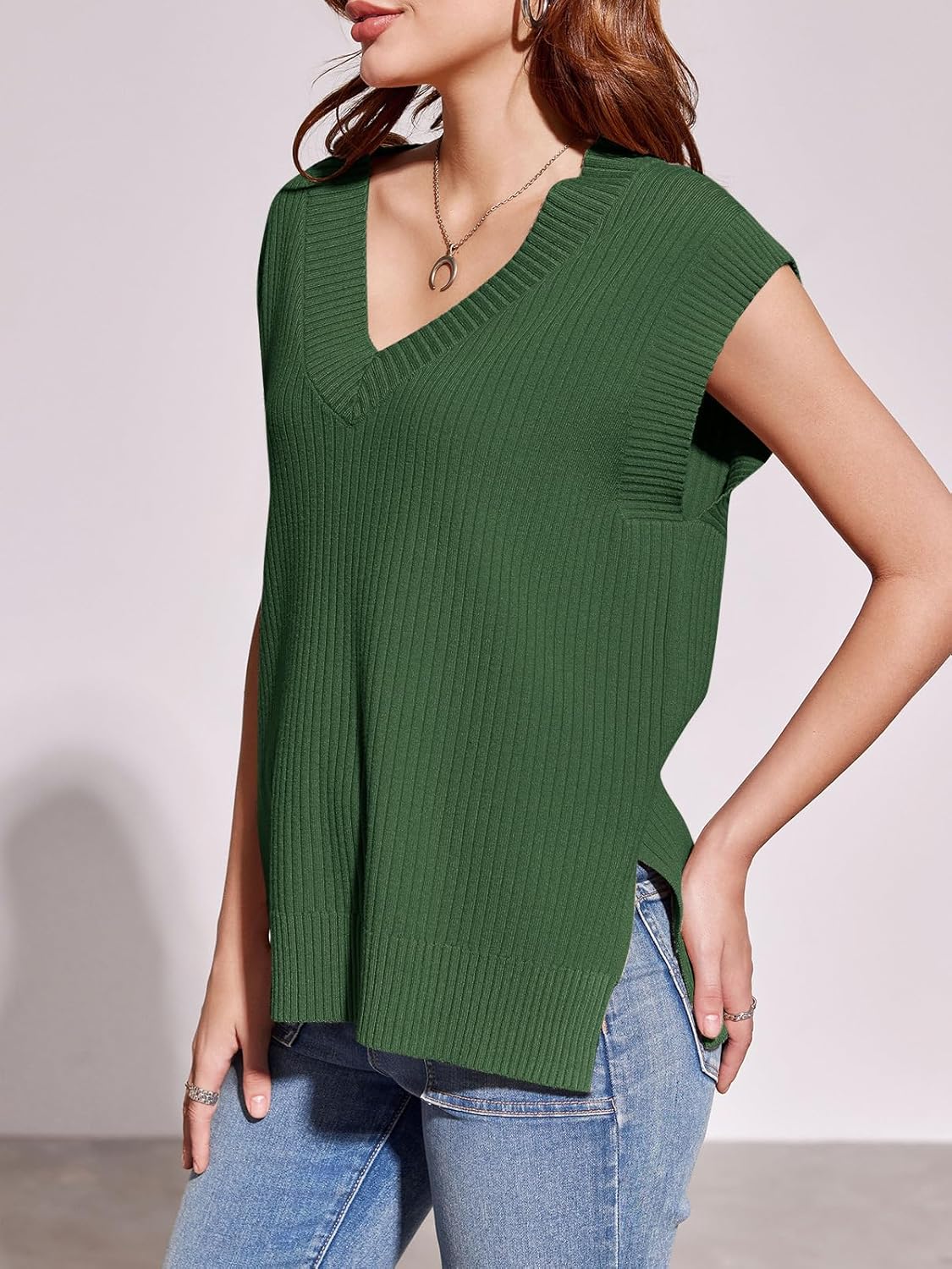 Saodimallsu Womens V Neck Sweater Vest Oversized Ribbed Knit Sleeveless Casual Loose Fit Pullover Tank Top - Image 3