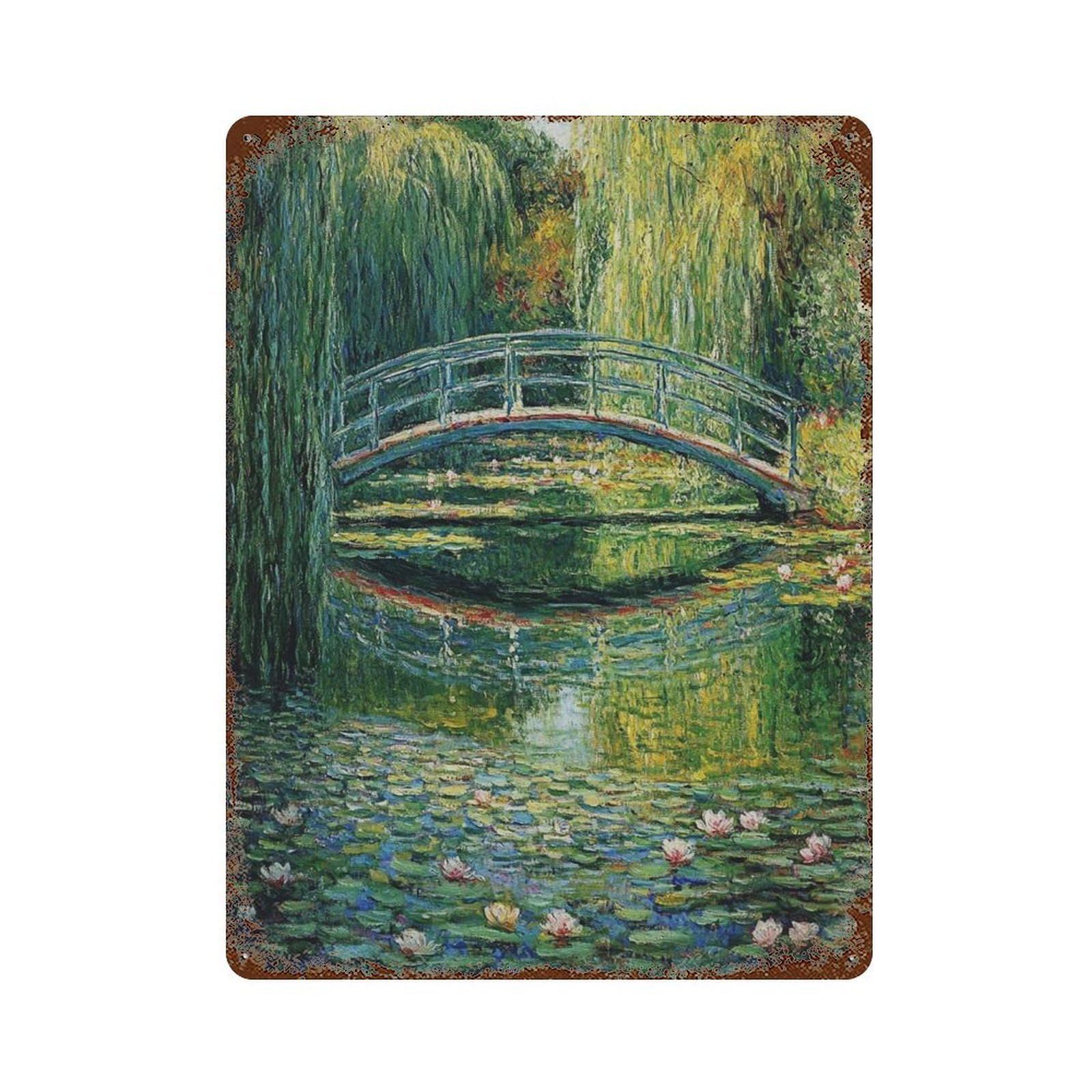 xiaoxiaoshen Japanese Bridge Impressionist Painting Monet Garden Water Lily Serene Landscape Wall Decor Art Metal Tin Poster Modern Home Decor Art Home Bar Shop Decorations Vintage Sign 40x30cm