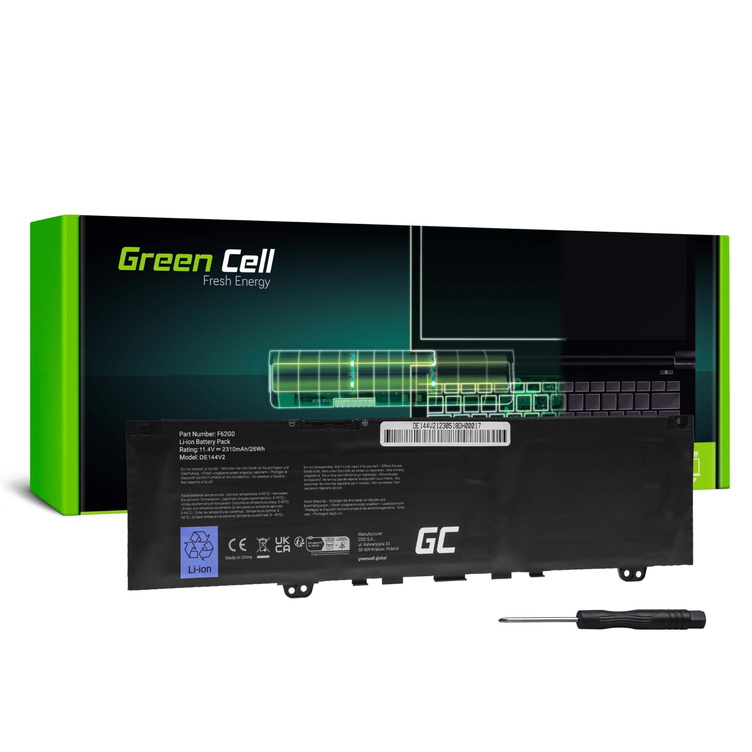 Green Cell F62G0 F62GO 39DY5 0TXWRR TXWRR - Batteria per notebook Dell Inspiron 13 5370 7370 7373 7380 7386 Vostro (2200 mAh 11,4 V)