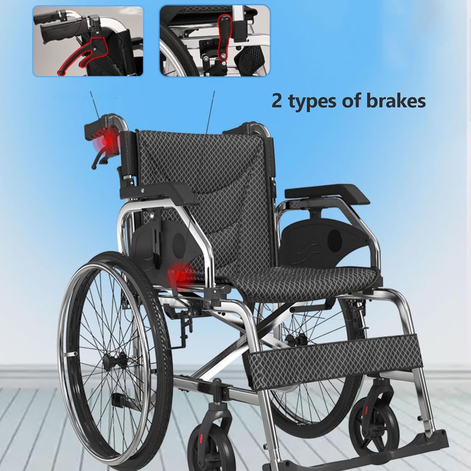Wózek inwalidzki Aluminium transportstoel met handrem en afneembare pedalen Opvouwbare rolstoel Ademend zitkussen Transportrolstoel wygodne