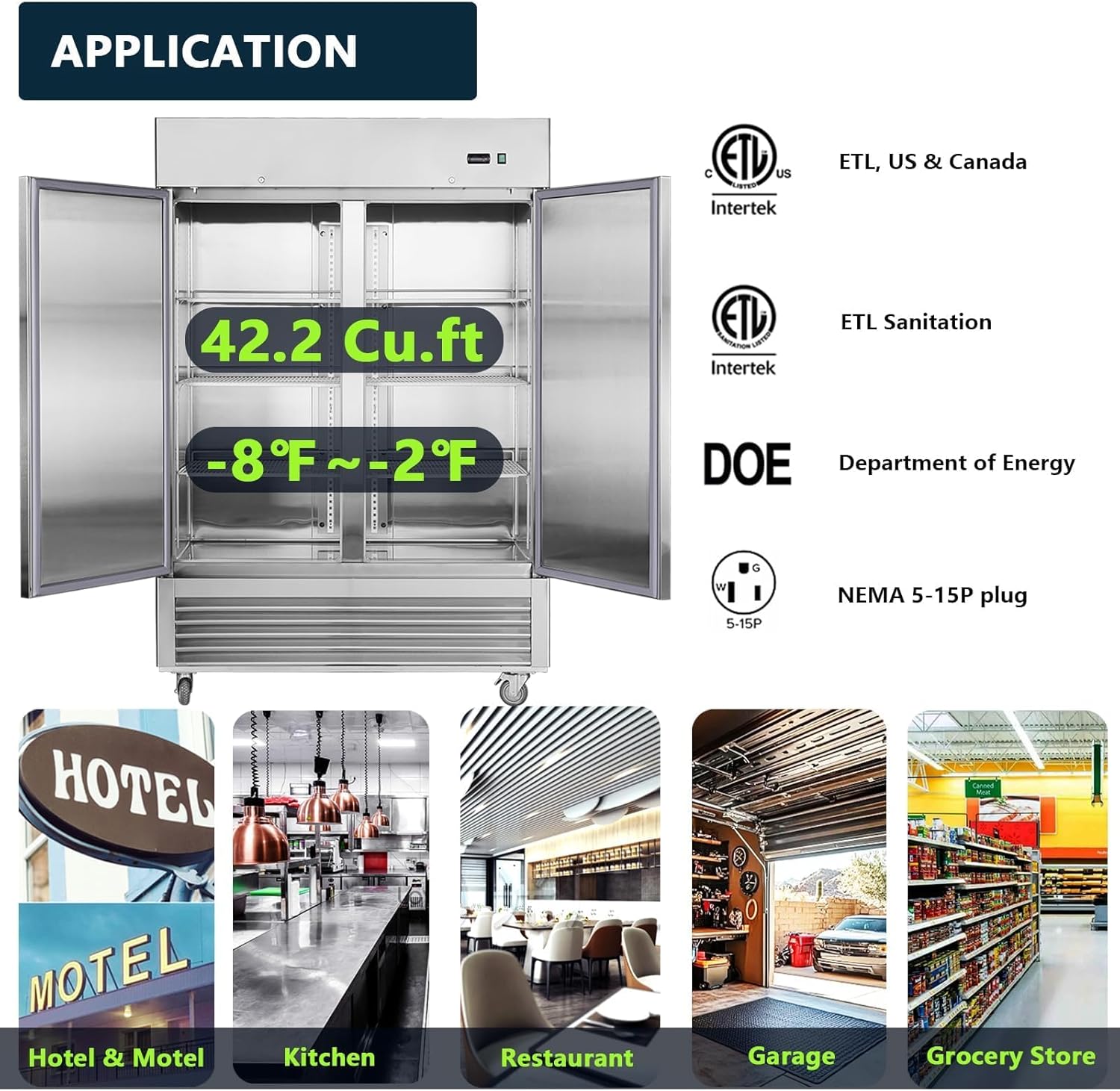 54" Commercial Freezer, 42 Cu.Ft Upright Freezer with 2 Solid Door, Stainless Steel Reach-in Freezer, -8℉ ~ -2℉, Fan Cooling Freezer with 6 Shelves for Restaurant Bar Garage, ETL and DOE Approved