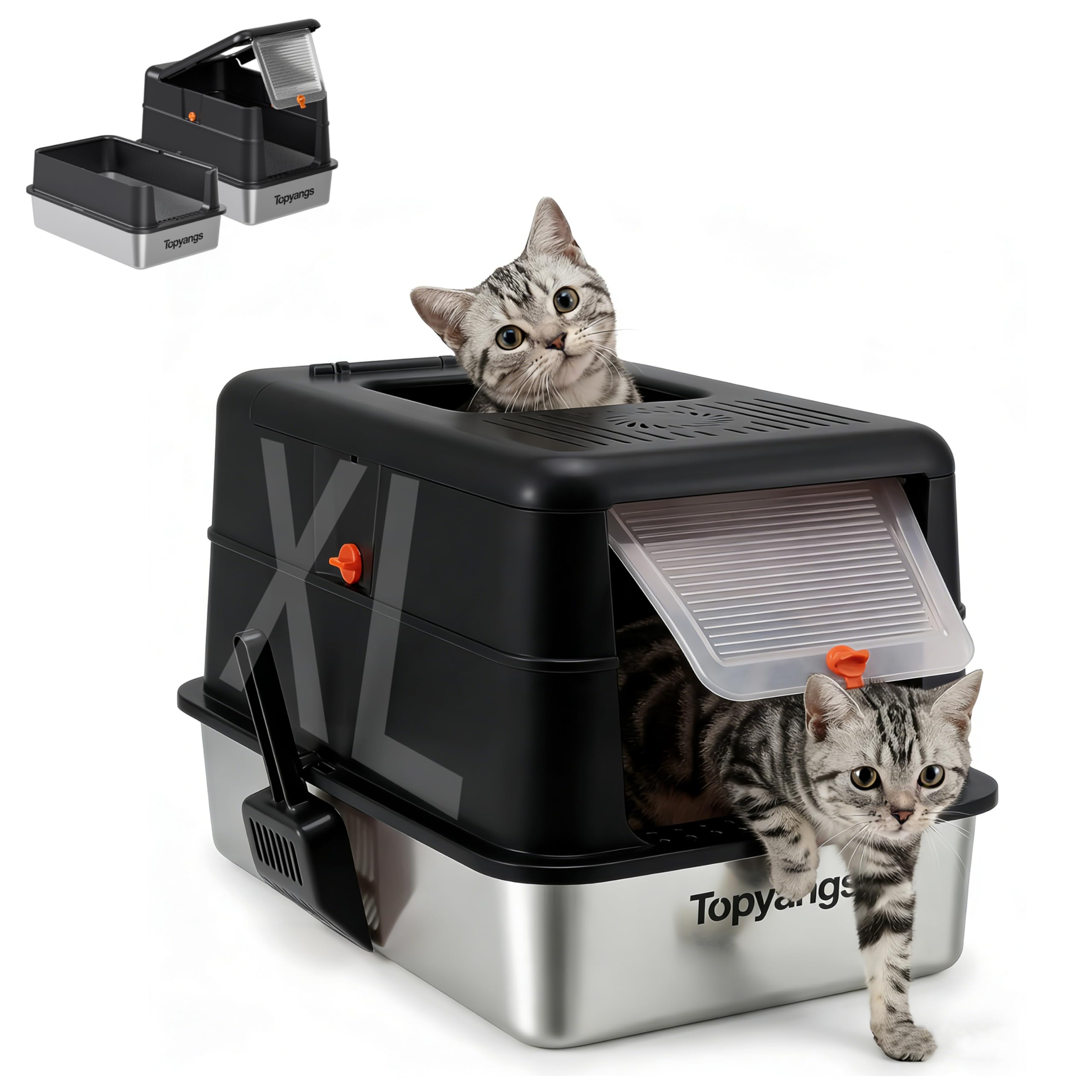 Topyangs Stainless Steel Cat Litter Box, Enclosed Odor Control Extra Large Metal Litter Box with Lid, 135° Flip-Top Covered Design, Leak-Proof High Sided Box for Large Cats & Multi-Cat Homes, Black