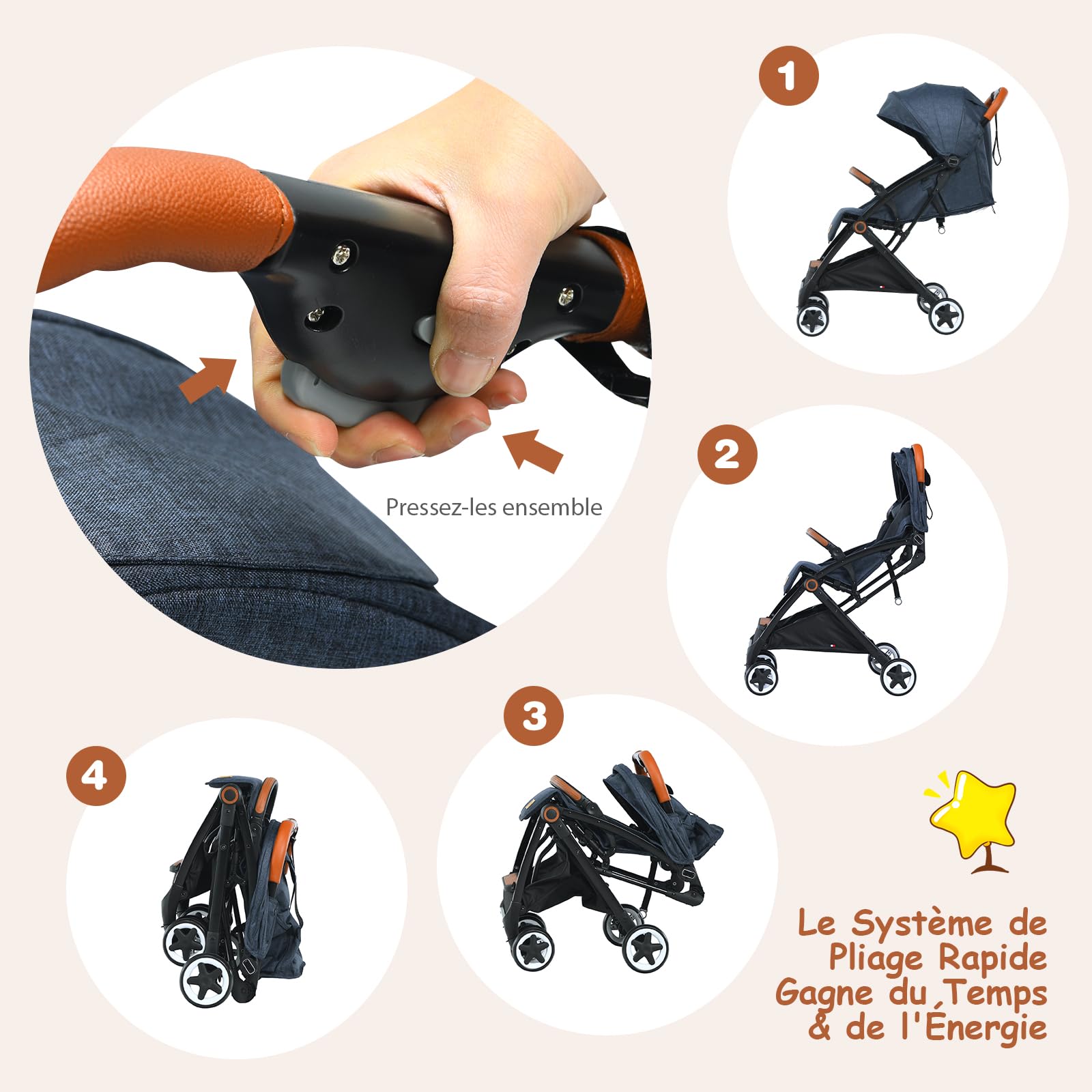 COSTWAY Poussette Canne Bébé 6-36 Mois(Charge 15 kg) avec Dossier & Repose-pieds Réglables, Pliable à une Main, Pousette Compact et Légère Voyage avec Auvent & Moustiquaire, Roues Antidérapants