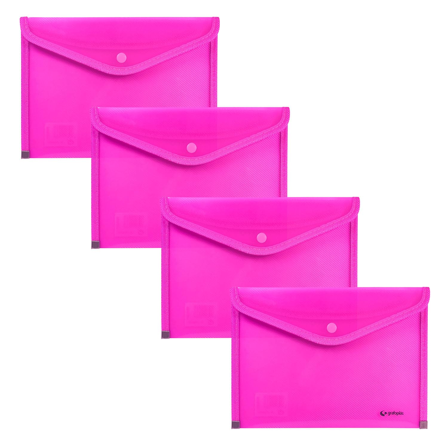 Grafoplas - 4 Plastic Folder Envelopes with Button Closure, Fabric Trim, 24.5 x 17.5 cm, Translucent Fuchsia Colour, for Small Documents A5 or Less, Perfect as Portfolios in The Office