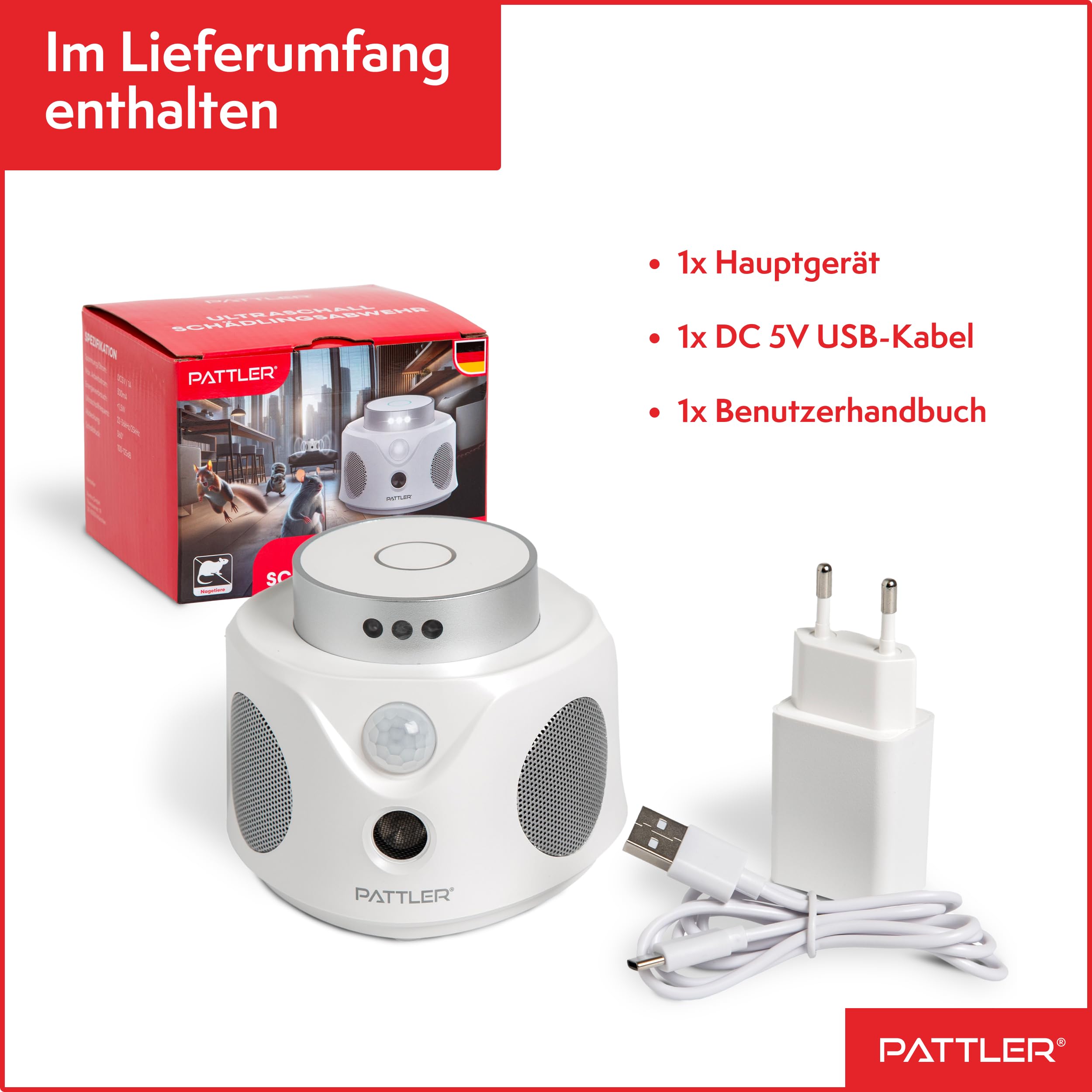 PATTLER® 360° Ultraschall Mäuseabwehr & Rattenabwehr – Mäuse vertreiben und Ratten vertreiben ohne Gift – Mäusevertreiber mit Ultraschall gegen Mäuse und Ratten für Haus, Keller, Garage