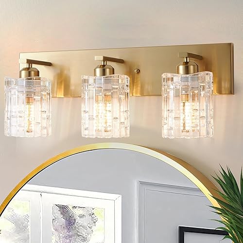 SANKERFAN - 3 luces de cristal dorado cepillado para tocador de baño, moderna lámpara de pared de baño, lámparas de cristal sobre espejo para sala