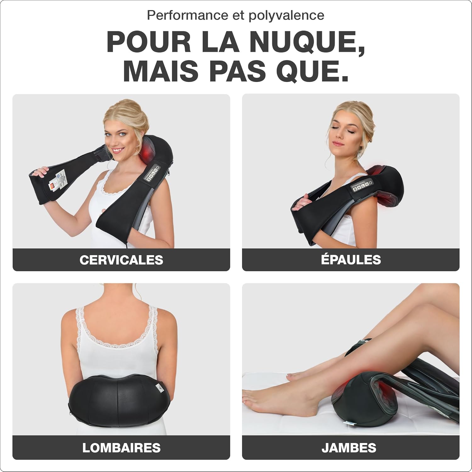 Four images showing the massager being used on the neck, shoulders, lower back, and legs