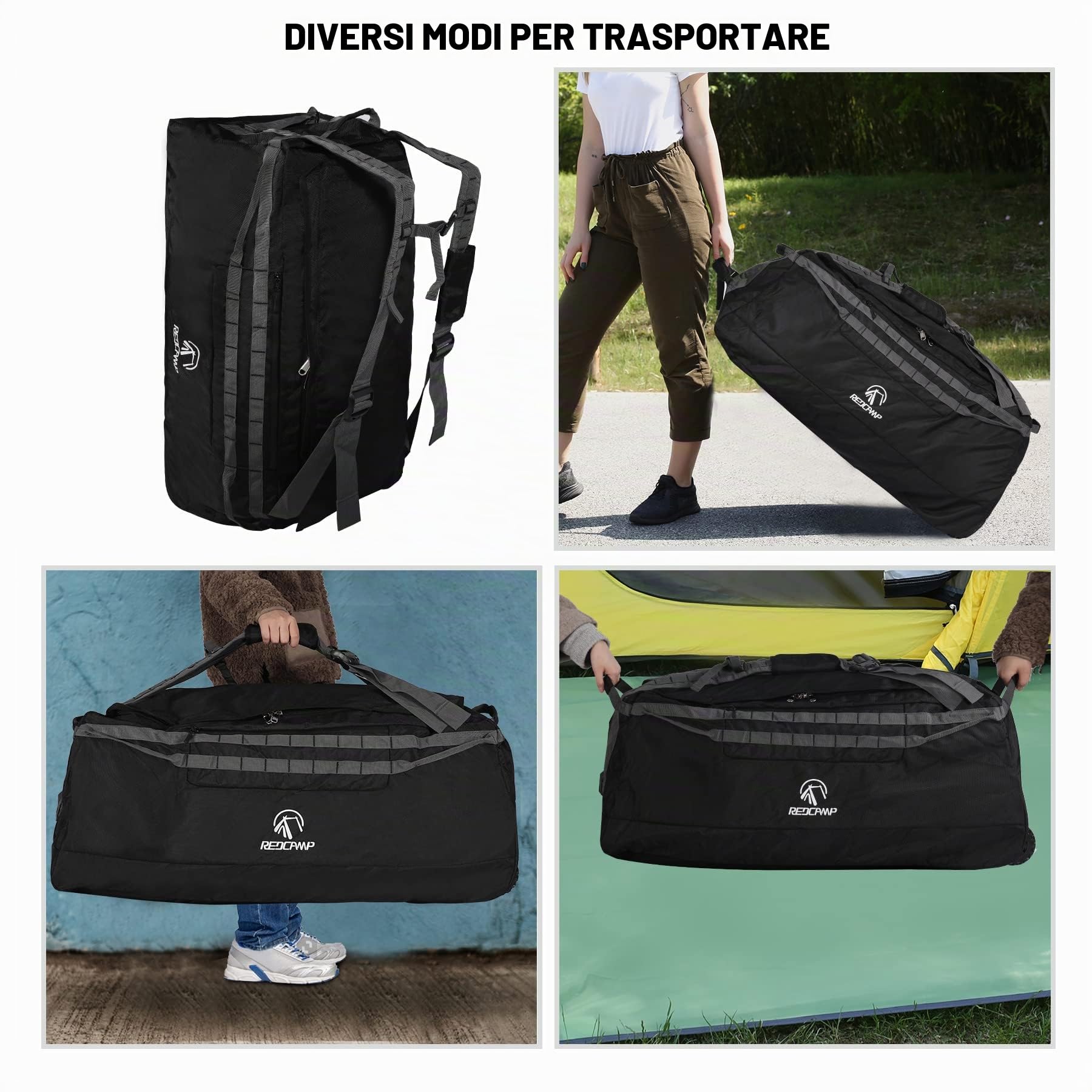 REDCAMP Borsone da viaggio con ruote, grande bagaglio pieghevole da viaggio con rulli, 140 l, nero, 140l