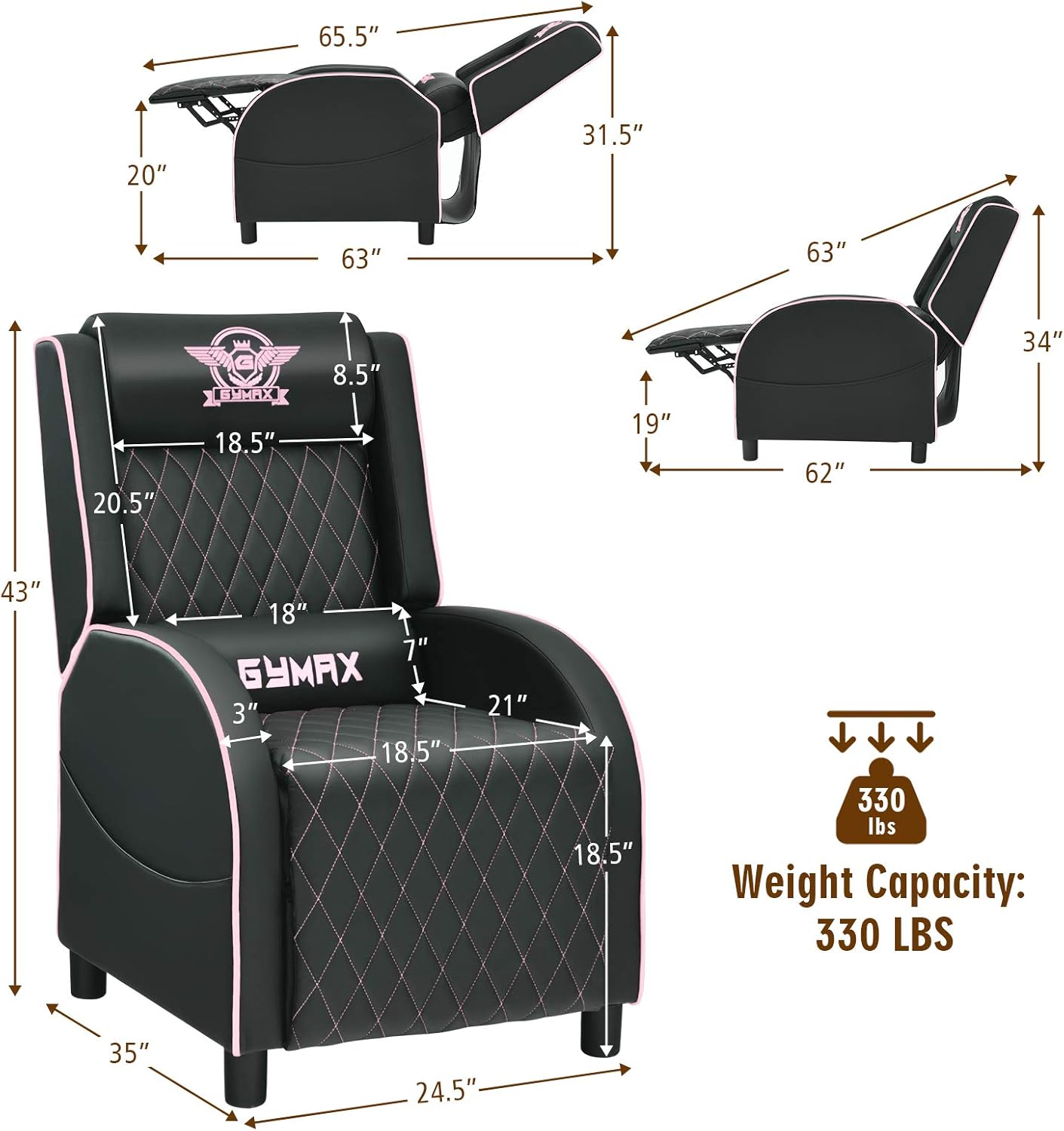 GYMAX Massage Gaming Recliner Chair, Ergonomic Racing Style Single Sofa with Adjustable Headrest, Backrest & Footrest, Home Theater Sofa for Living Room Office (Pink)