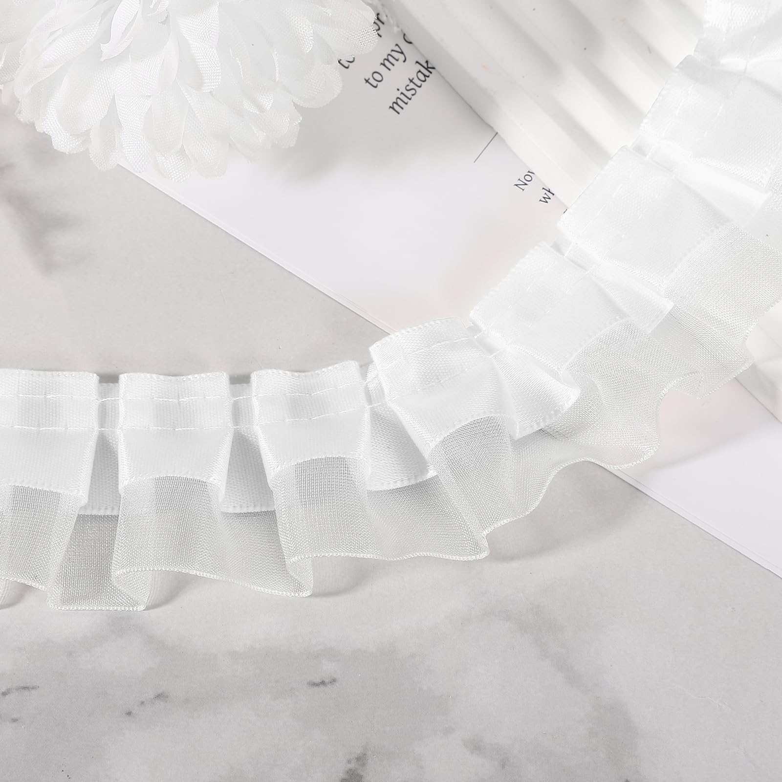 sourcing map 10 Yards 2-Layer Satin Ruffle Trim Lace Ribbon Sewing Lace Fabric Trim for DIY Craft Dress Clothing Wedding Gift Home Decoration, White