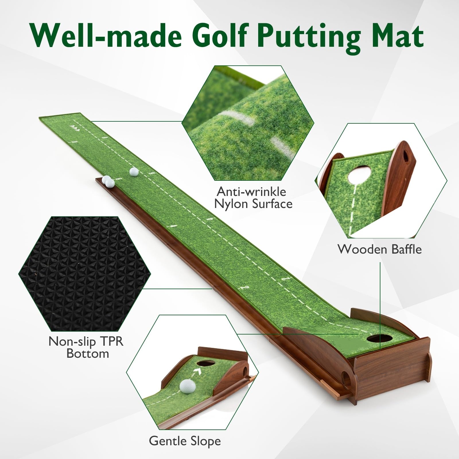 LIFEZEAL Tapis de Putting de Golf avec 1/2/3 Trous et Retour Automatique, Tapis d'Entraînement de Golf avec Boche, Enroulable et Portable, 3 Balons de Golf, Intérieur et Extérieur