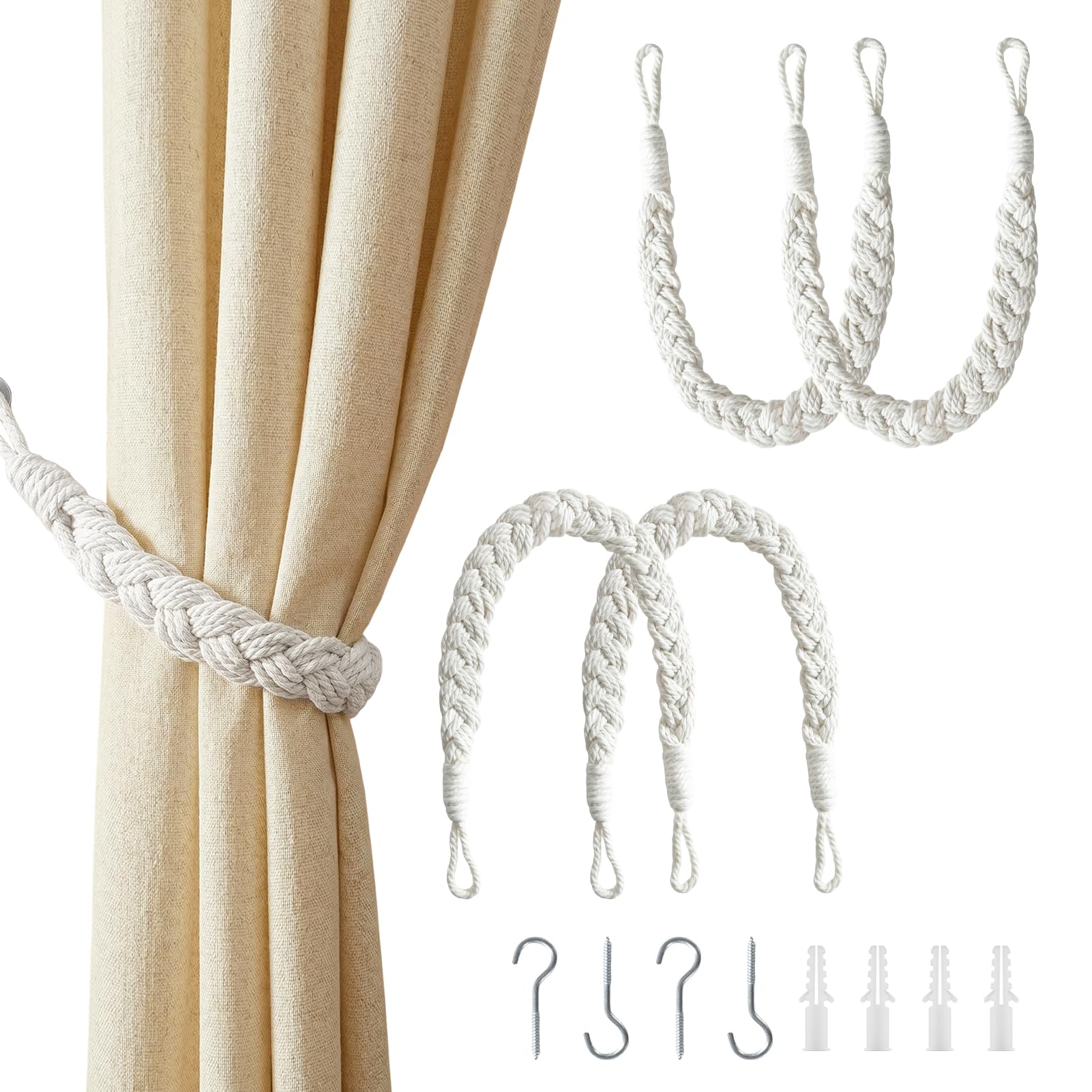 4PCS Beige Cotton Rope Curtain Tiebacks, Boho Tie Backs with Metal Hooks — image 1