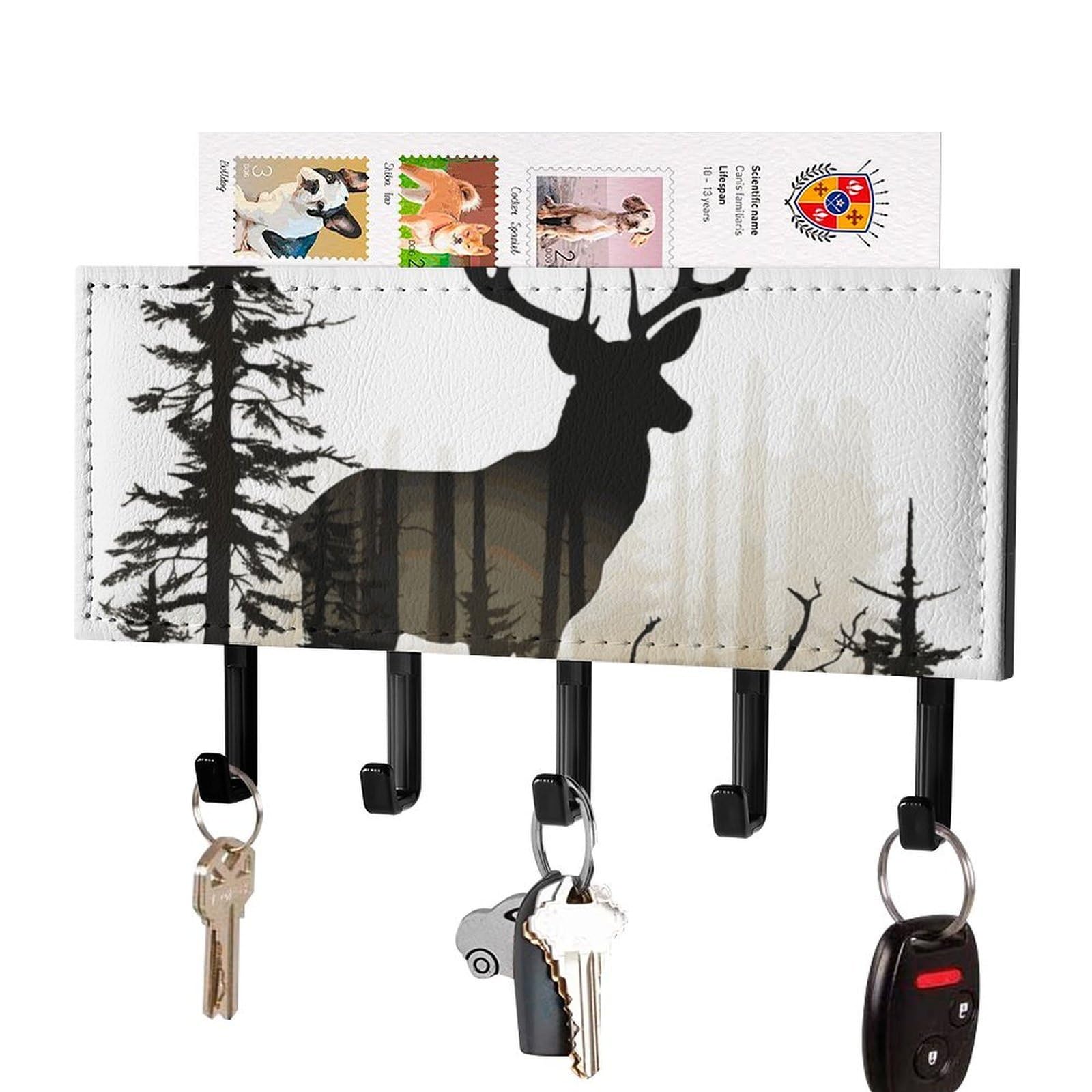 DWVTSLH Deer Silhouette Key Holder for Wall, Decorative Key Hooks with Mail Organizer & 5 Hooks, Self Adhesive Leather Key Hanger for Entryway, Wall Mounted Key Rack (7.1” X 4.3” X 0.9”)