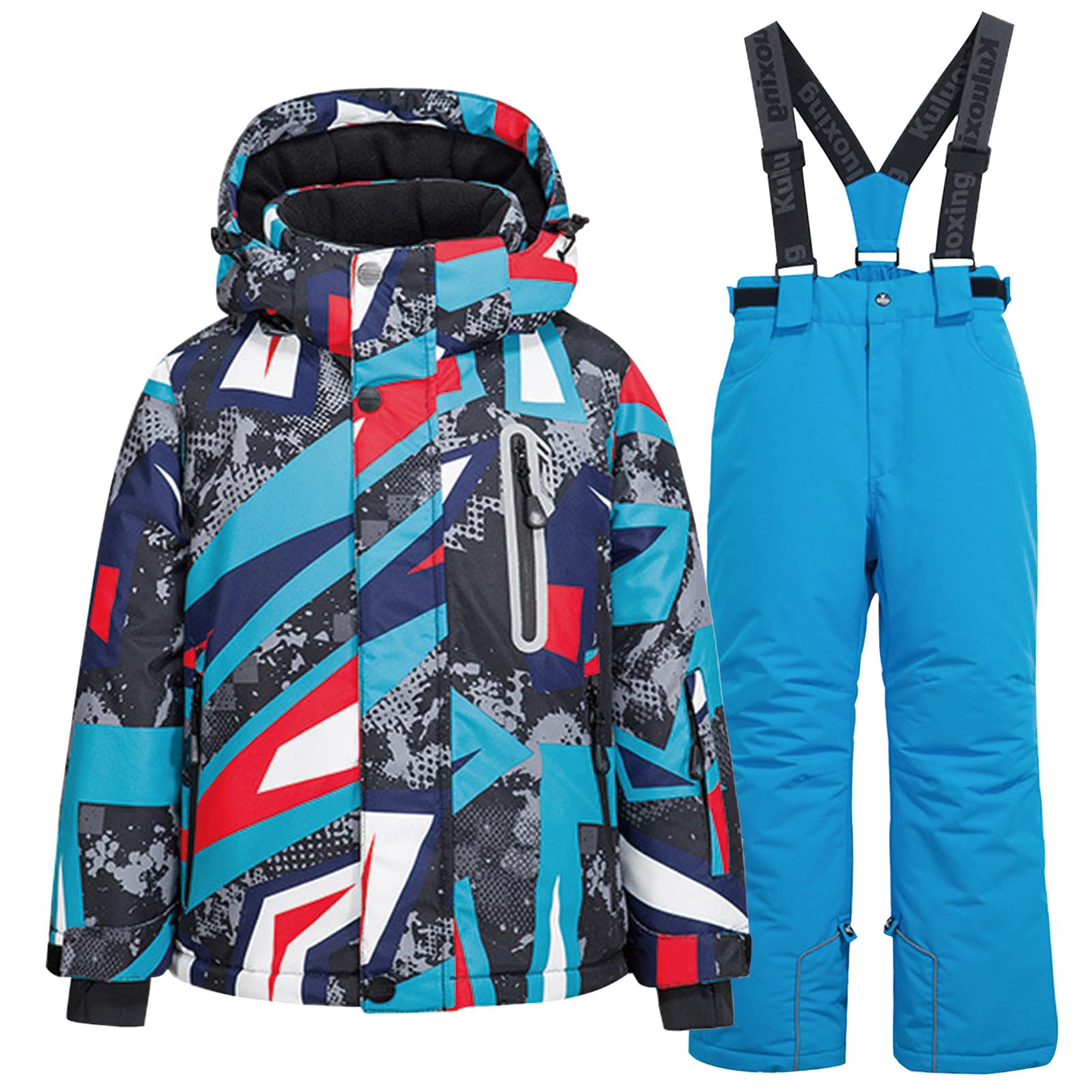 Conjunto de traje de esquí infantil de 2 piezas con capucha, traje de nieve impermeable a prueba de viento para niños y niñas, chaqueta de esquí cálida y pantalones de esquí, geométricos y