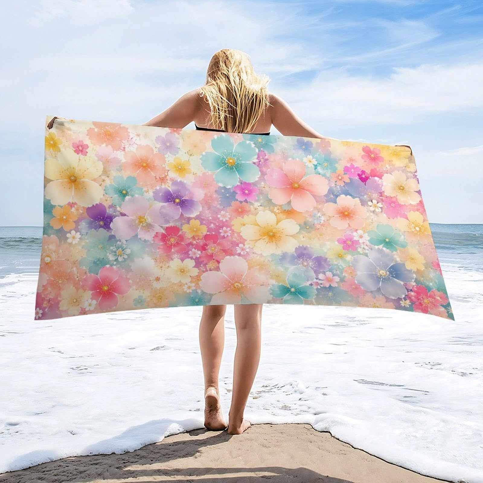 Anceky Floral Watercolor Beach Towel 32"×63",Soft Microfiber Bath Towel Shawl, Quick Dry Absorbent Pool Spa Gym Shower Towel