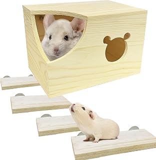 kathson Wood Chinchilla House Natural Handcrafted Guinea Pig Hideout Small Animals Hut with Window and Wooden Climbing Platform x 4 for Guinea Pigs Chinchilla Squirrel Hedgehog