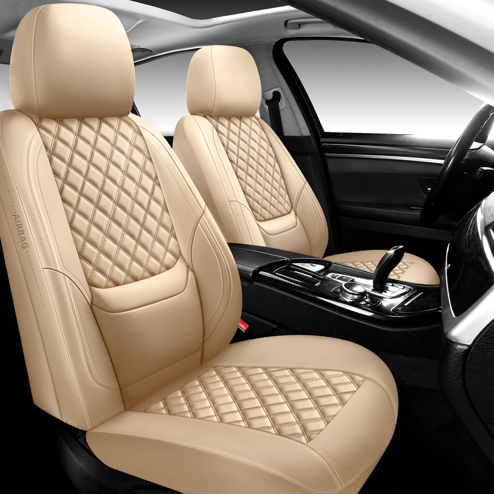 NS YOLO Full Coverage Leather Car Seat Covers,Waterproof Seat Covers for Cars,SUVs Pick-up Truck, Car Seat Cushion,Car Seat Protector,Front Seat Cover,Beige Seat Cover with 2 Seats