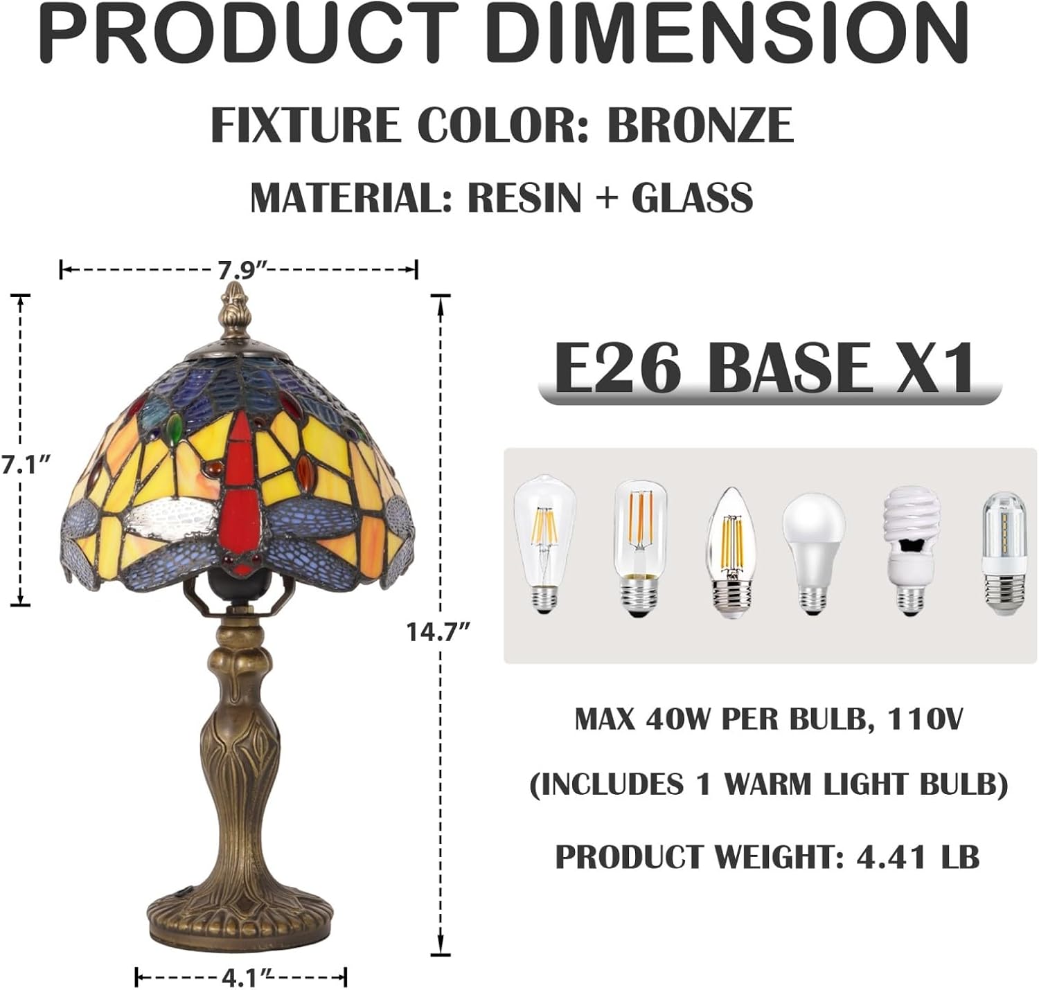 7.9 Inch Vintage Stained Glass Lamp, Dragonfly Design, Handmade Desk Bedside Night Light, Art Craft Decorative Lamp, for Living Room Bedroom Study Home Decoration