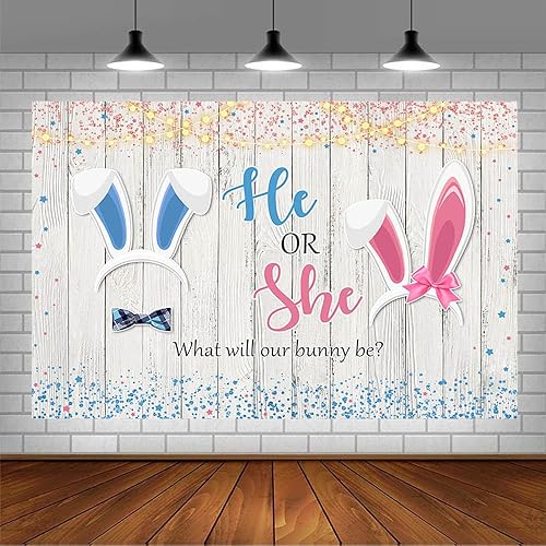 Miniatura 3 de Fondo de fotografía de conejo de 7 x 5 pies, diseño de conejito con purpurina rústica de madera para revelación de género, sorpresa, fiesta,