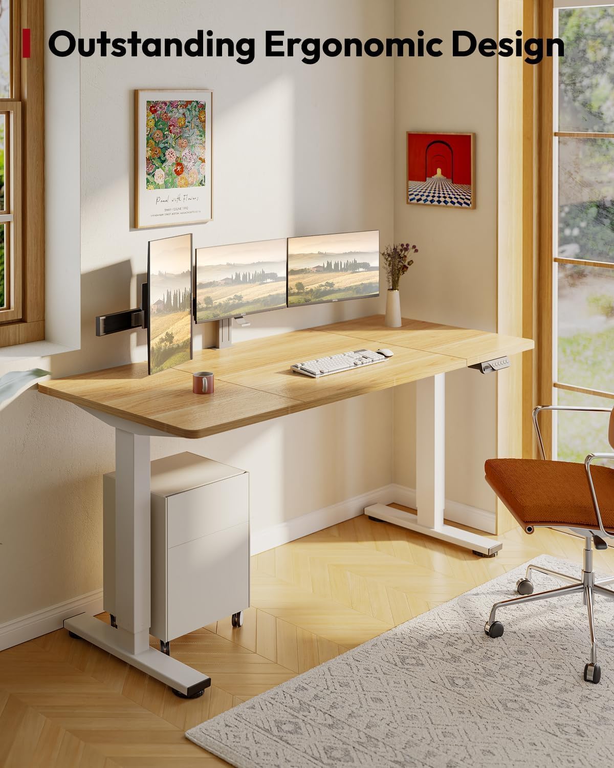 SANODESK Höhenverstellbarer Schreibtisch 180×80 cm – Elektrischer Standing Desk mit Dualmotor, Extra stabilem Gestell & Memory-Funktion(weiß+ahorn)