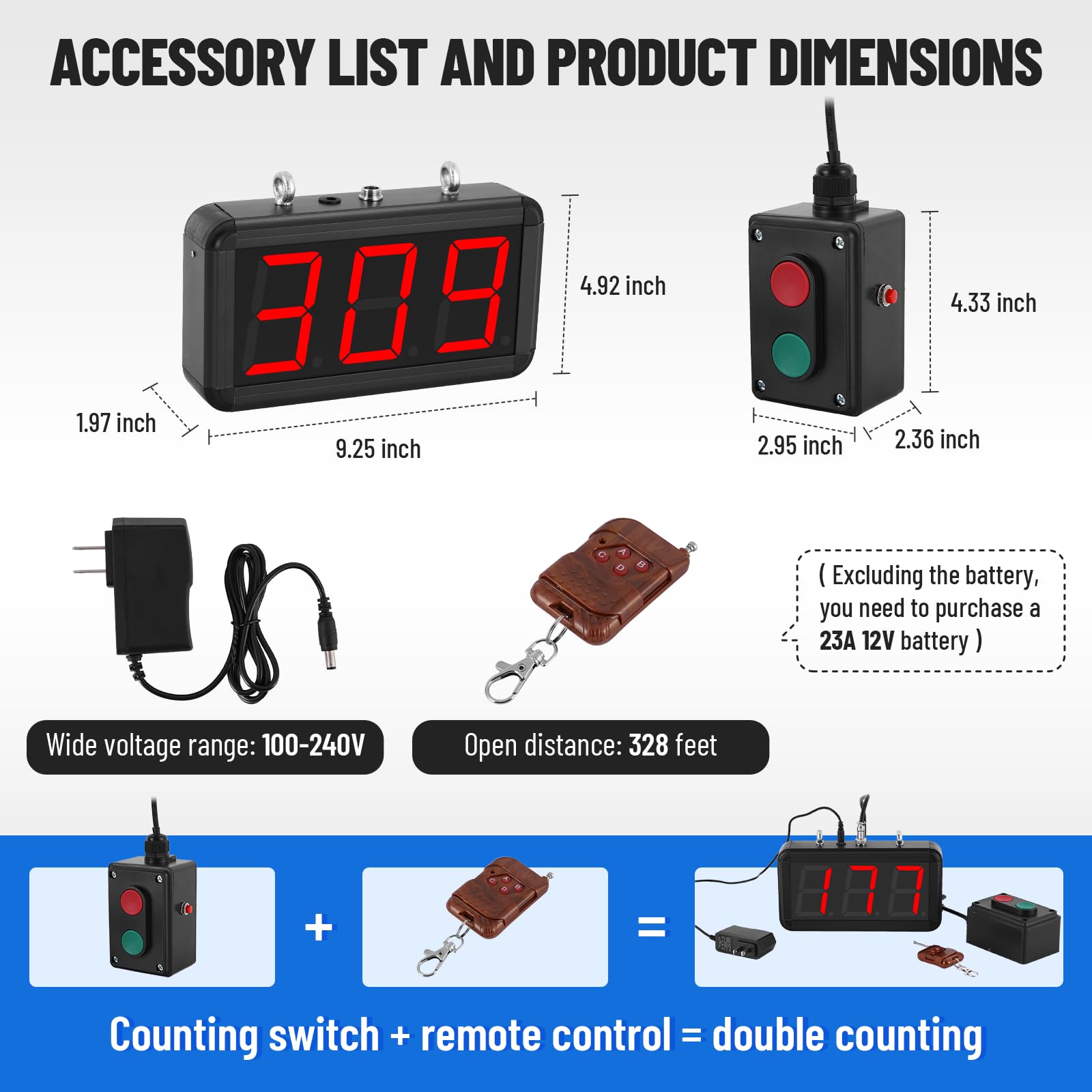 JIAWANSHUN Compteur de tours numérique de 10,2 cm, compteur électronique avec écran LED à contraste élevé, comptage haut/bas et valeur initiale personnalisée, cadre en aluminium durable pour les