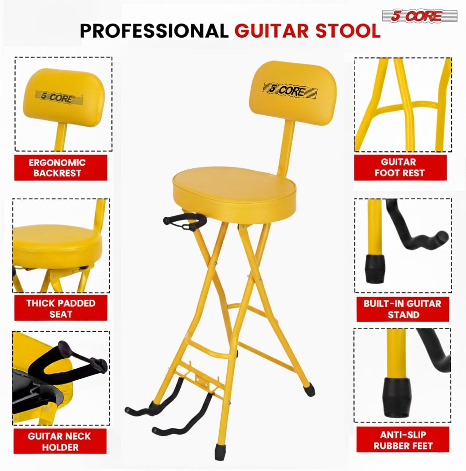 5 CORE Guitar Stool Adjustable with Back Support Foldable Musician Chair & Foot Rest for Acoustic, Electric, Bass Padded Seat, Ideal Guitar Stools for Adults Yellow