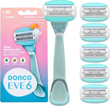 Dorco EVE6 حلاقة ناعمة للنساء ، تتضمن مقبض حلاقة واحد و 6 عبوات شفرة حلاقة طويلة الأمد | مقبض واحد + 6 مقبض خراطيش + 6 عبوات