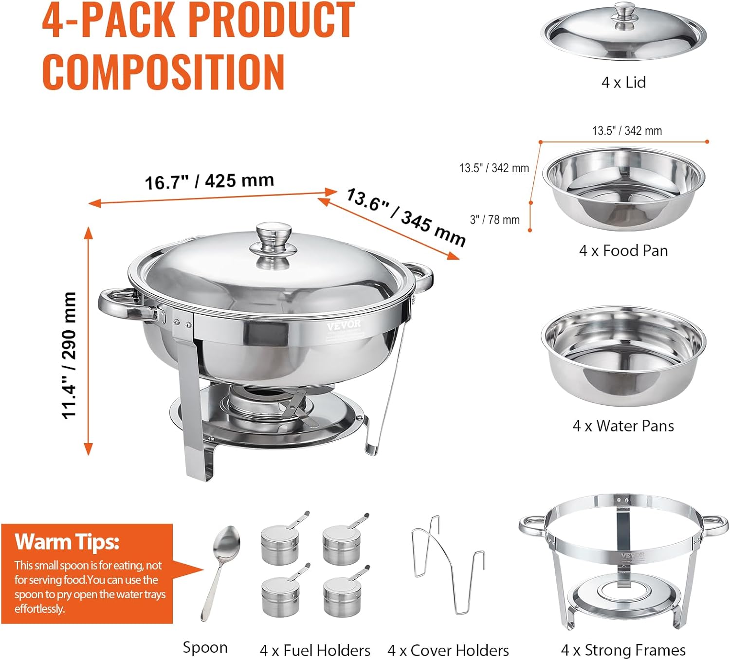 VEVOR Chafing Dish Buffet Set, 5 Qt 4 Pack, Stainless Steel Chafer with Full Size Pan, Round Catering Warmer Server with Lid Water Pan Stand Fuel Holder Cover Holder Spoon, for at Least 6 People Each