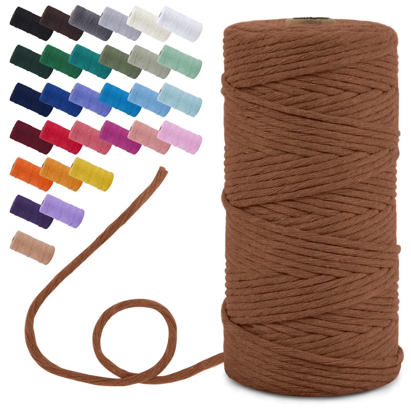 Uiopa Macrame Cord 3mm x 100m, Single Strand Macrame Yarn Thick Thread Natural Cotton Cord, Coloured Macrame Craft String for DIY Crafts, Wall Hanging, Plant Hanger, Tassels (Caramel)