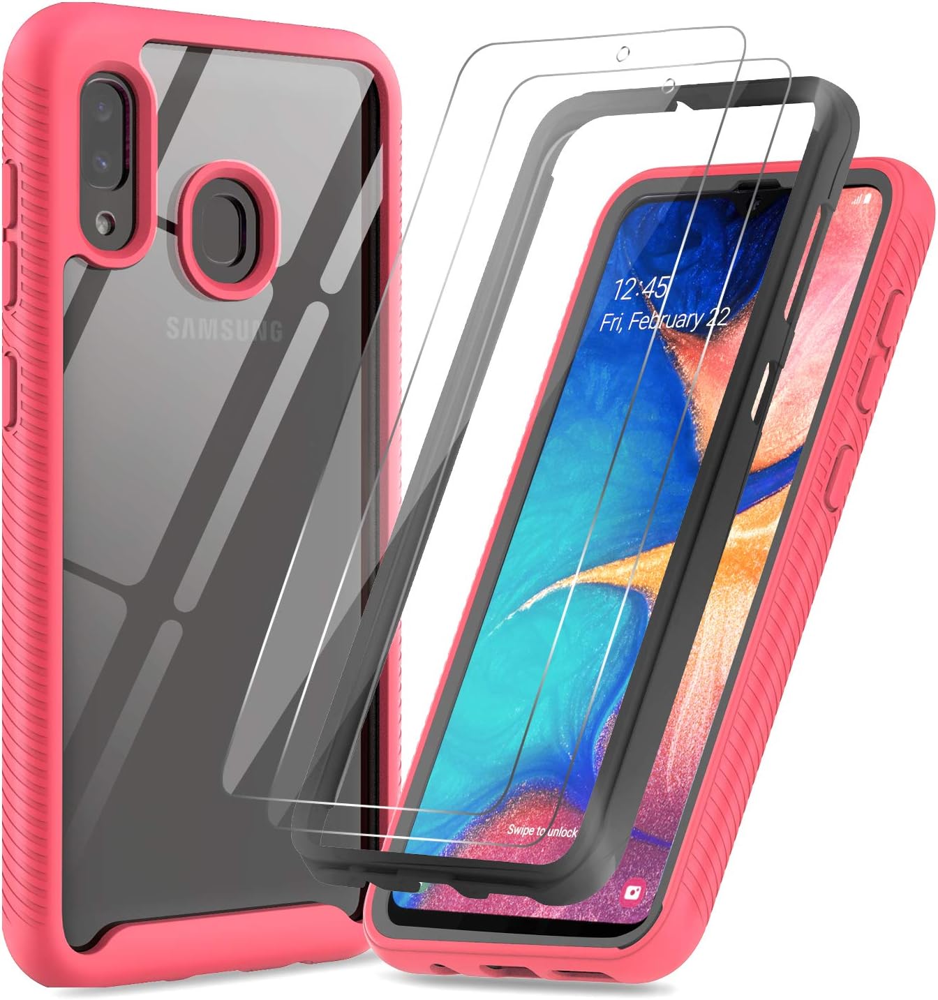 LeYi Compatible with Samsung A20 Case, Samsung Galaxy A20 Case with Tempered Glass Screen Protector [2 Pack], Full Body Hybrid Rugged Clear Bumper Shockproof Phone Cover Case for Galaxy A20, Pink