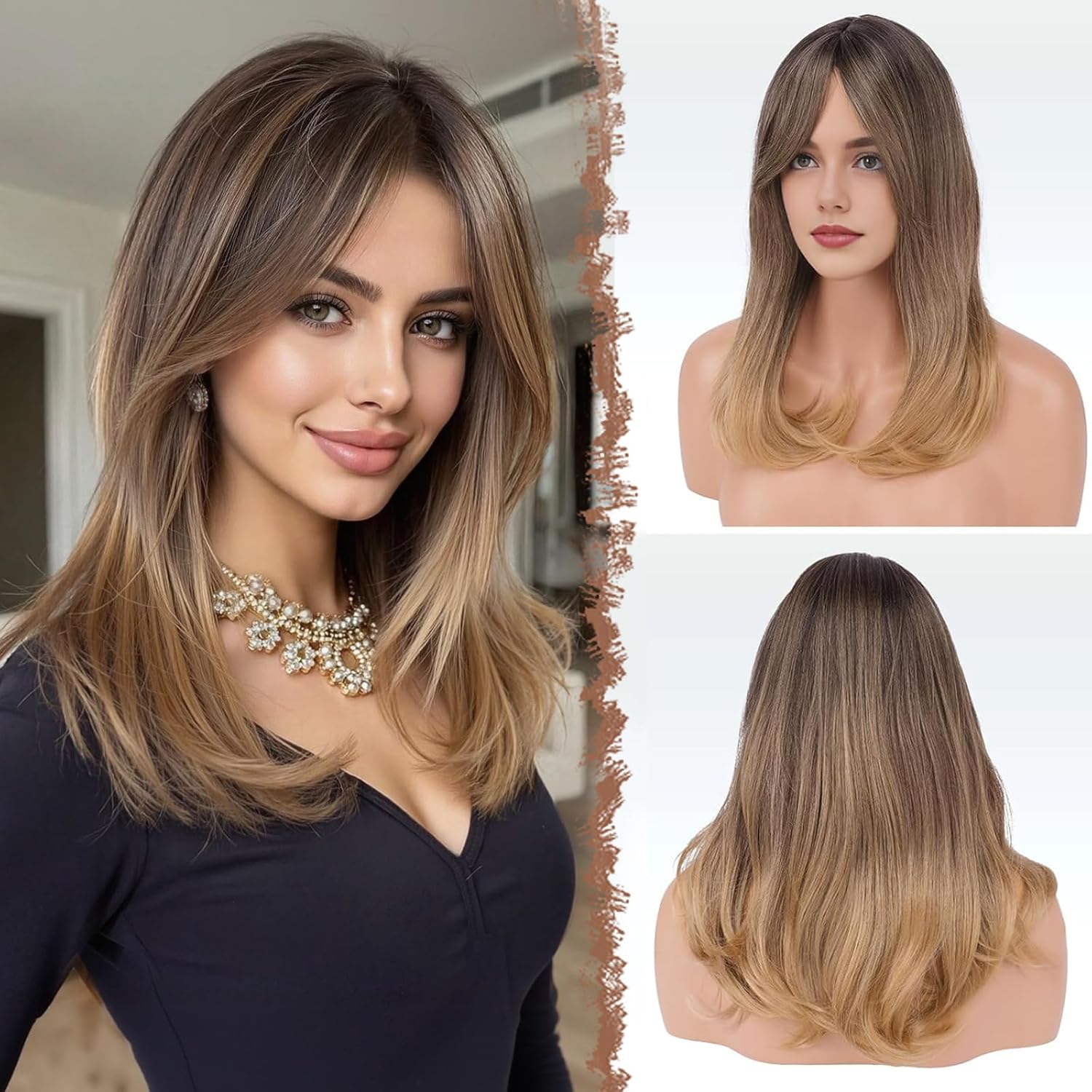 FESHFEN Brown Ombre Blonde Wigs with Bangs, Synthetic Natural Looking Long Layered Straight Hair Wig for Women Daily Party Use, 18 inch