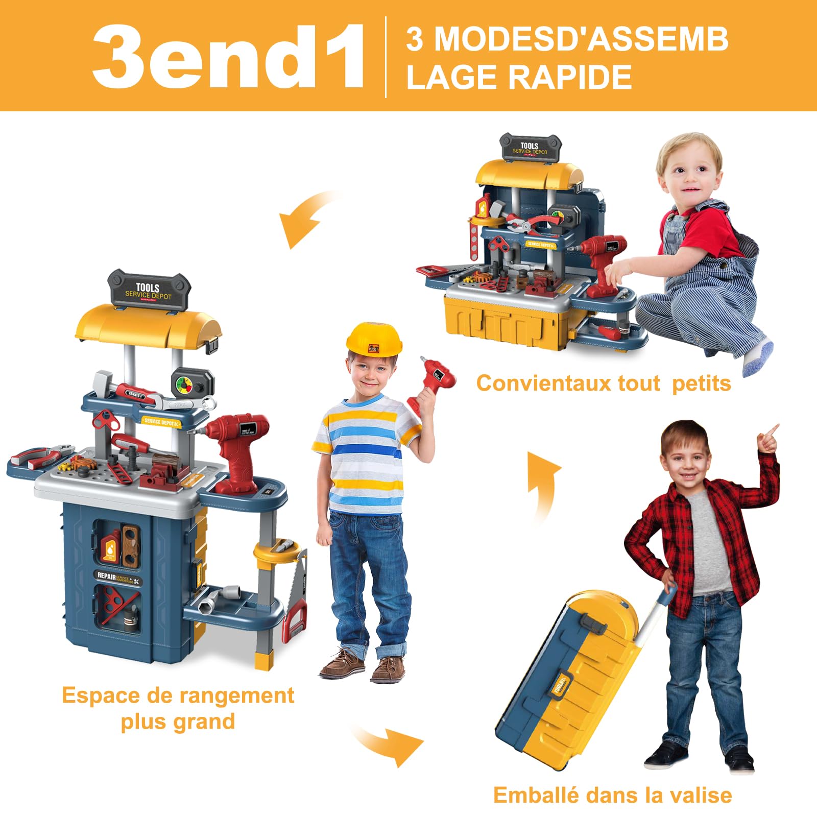 JONRRYIN Outils et Etabli pour Enfants, 46 Pièces Boite a Outils Jeux avec Perceuse, Malette Outils Enfants Jeu de Rôle Jouet éducatif pour Garçons et Filles (Bleu)